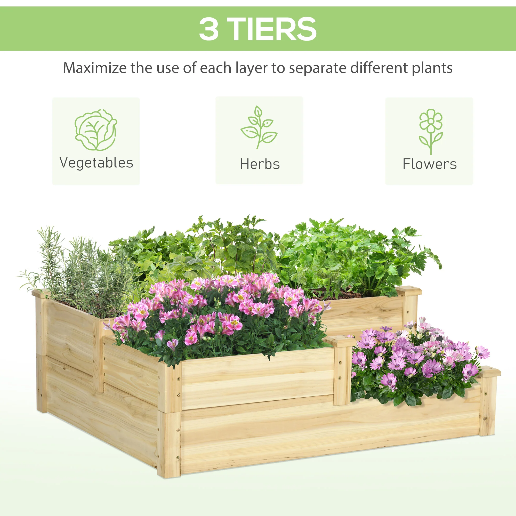 3-Tier Raised Garden Bed, 42.5" x 34.75" x 14.25", Natural - Image 6
