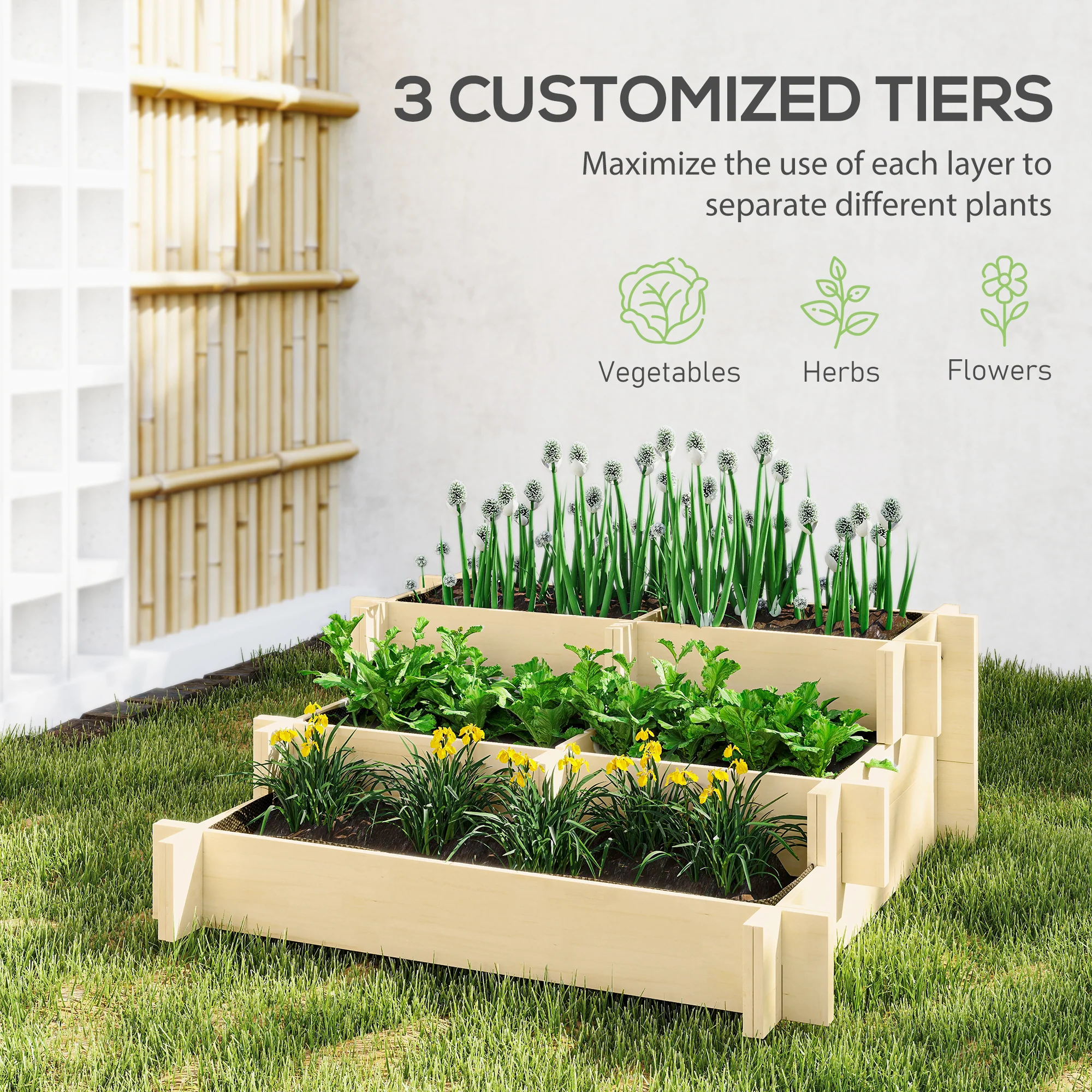 3-Tier Raised Garden Bed with 5 Compartments, 37" x 37" x 14", Natural - Image 6