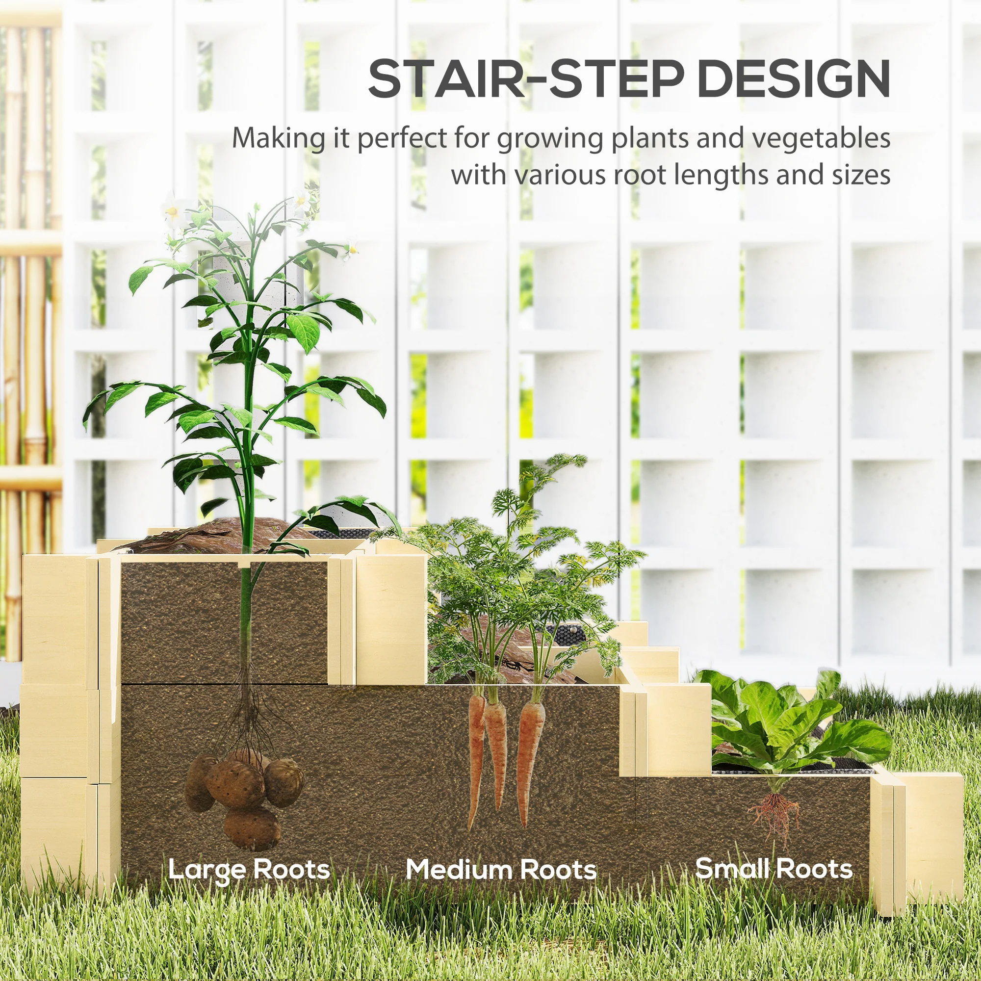 3-Tier Raised Garden Bed with 5 Compartments, 37" x 37" x 14", Natural - Image 7