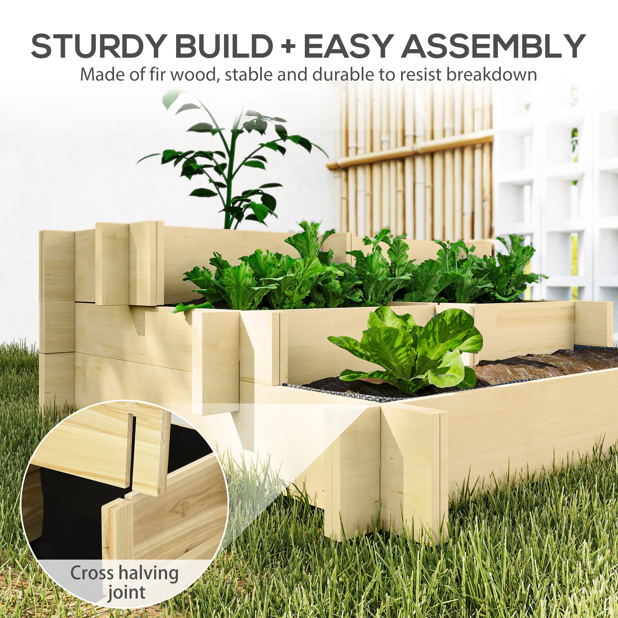 3-Tier Raised Garden Bed with 5 Compartments, 37" x 37" x 14", Natural - Image 8