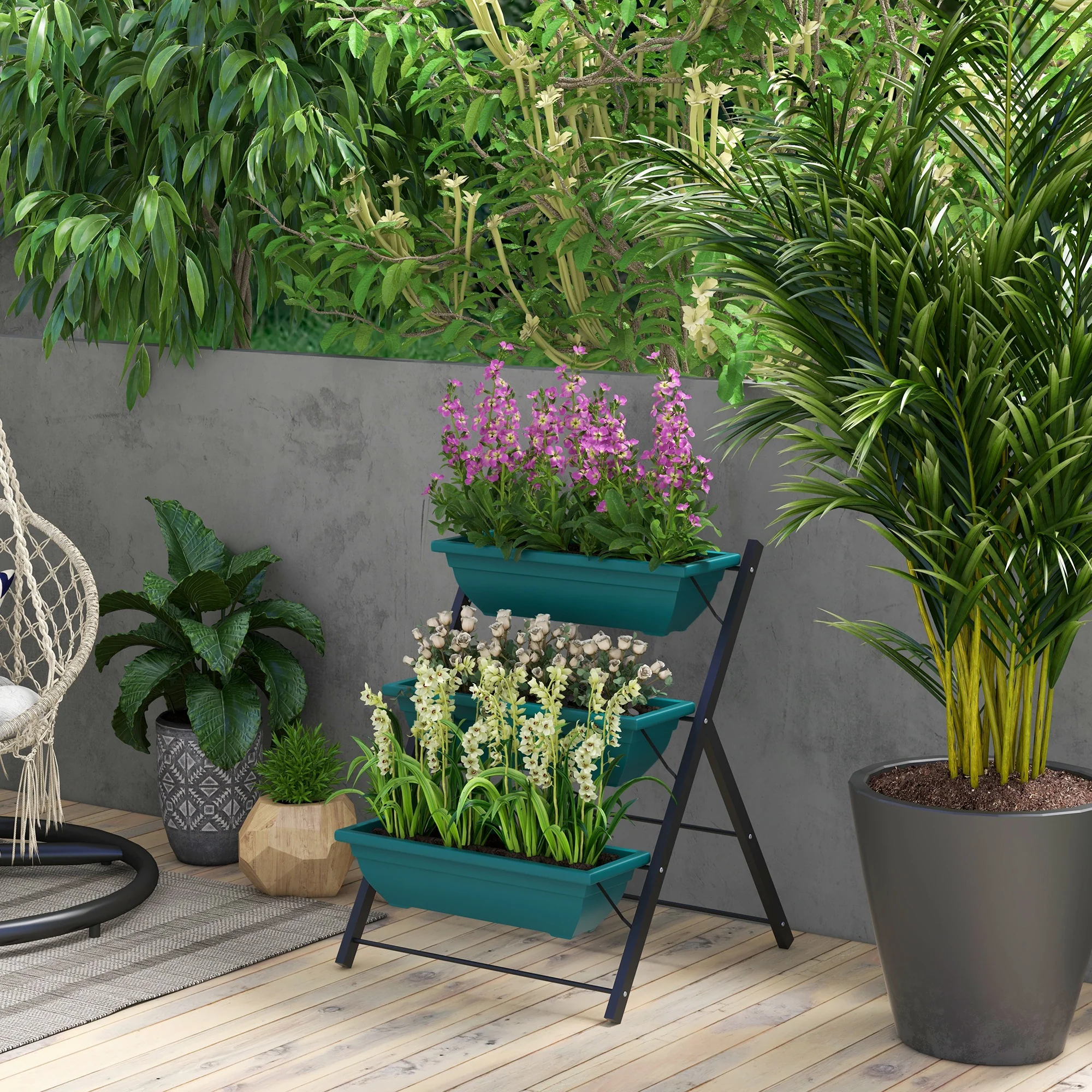 3-Tier Vertical Garden Bed with 3 Planters and Drainage Holes, Green - Image 3