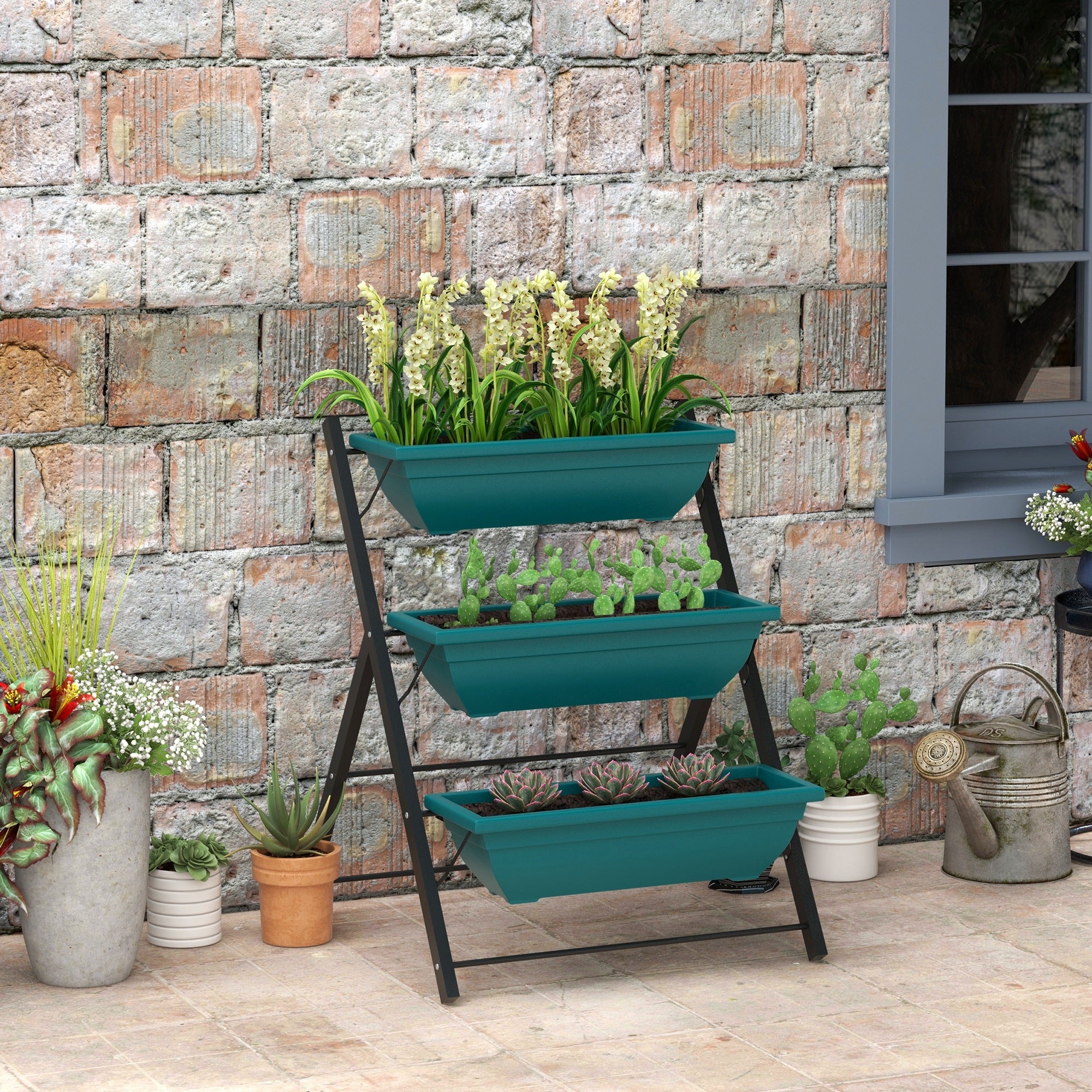 3-Tier Vertical Garden Bed with 3 Planters and Drainage Holes, Green - Image 4