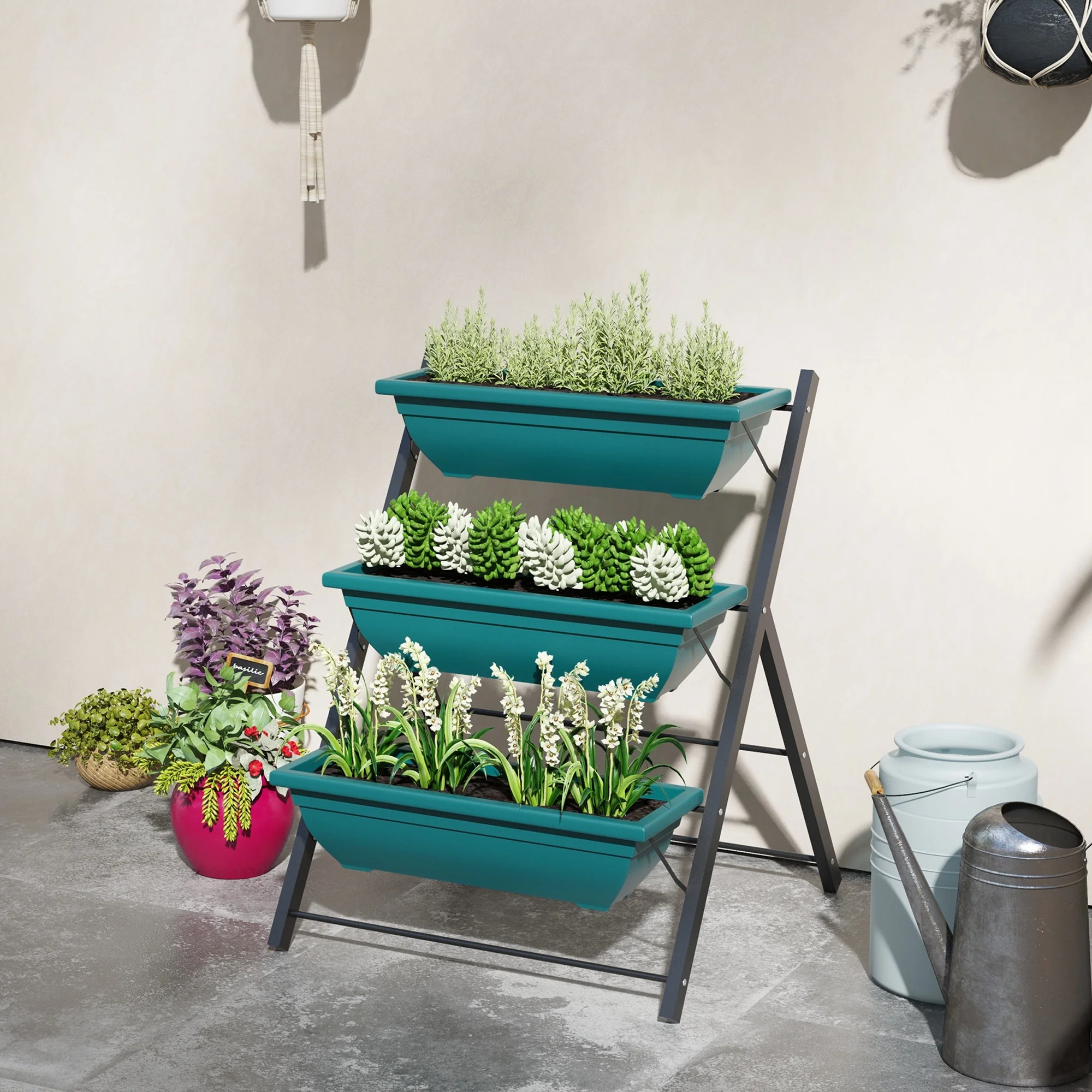 3-Tier Vertical Garden Bed with 3 Planters and Drainage Holes, Green - Image 9