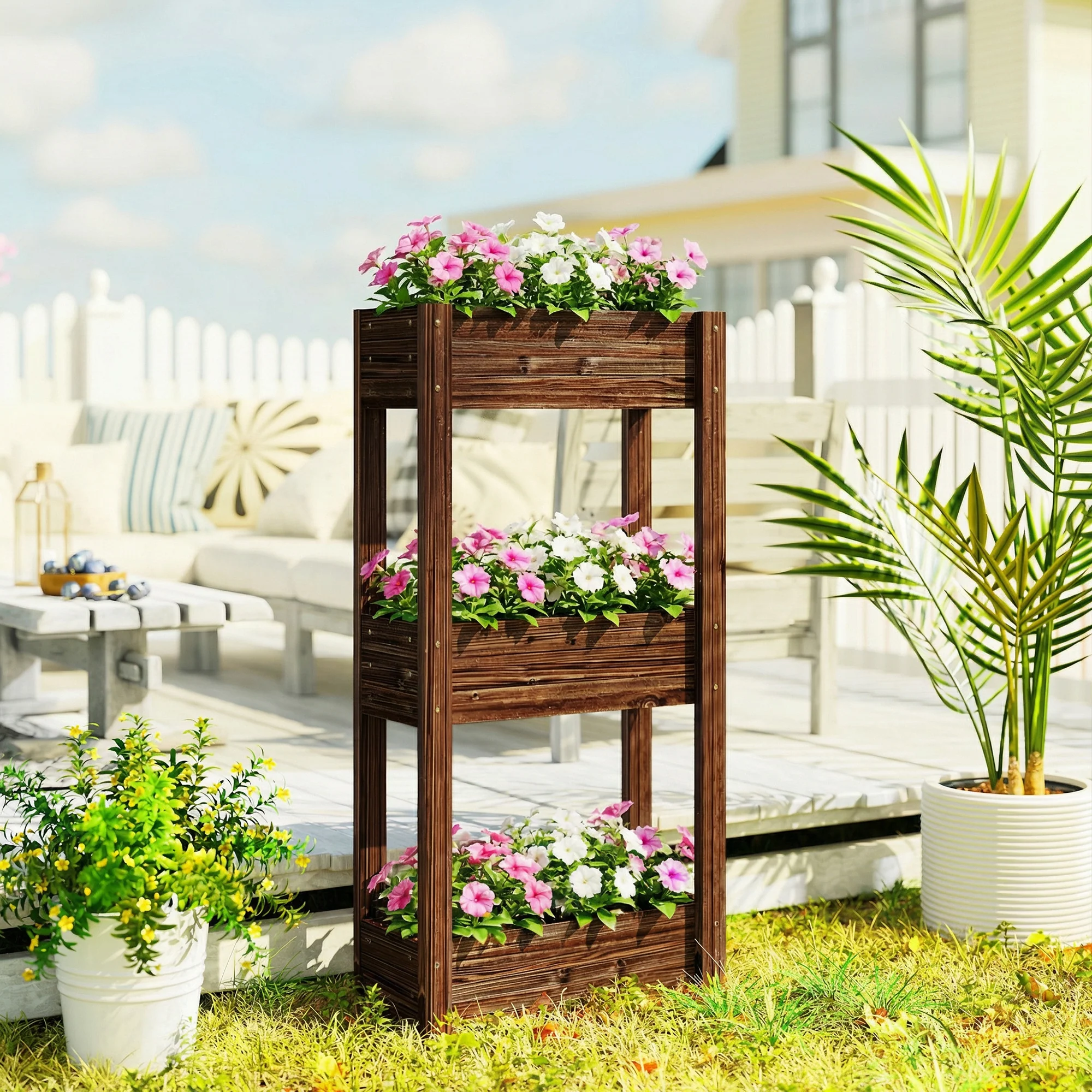3-Tier Wooden Raised Planter with Liner, 60 x 25 x 120 cm - Image 3