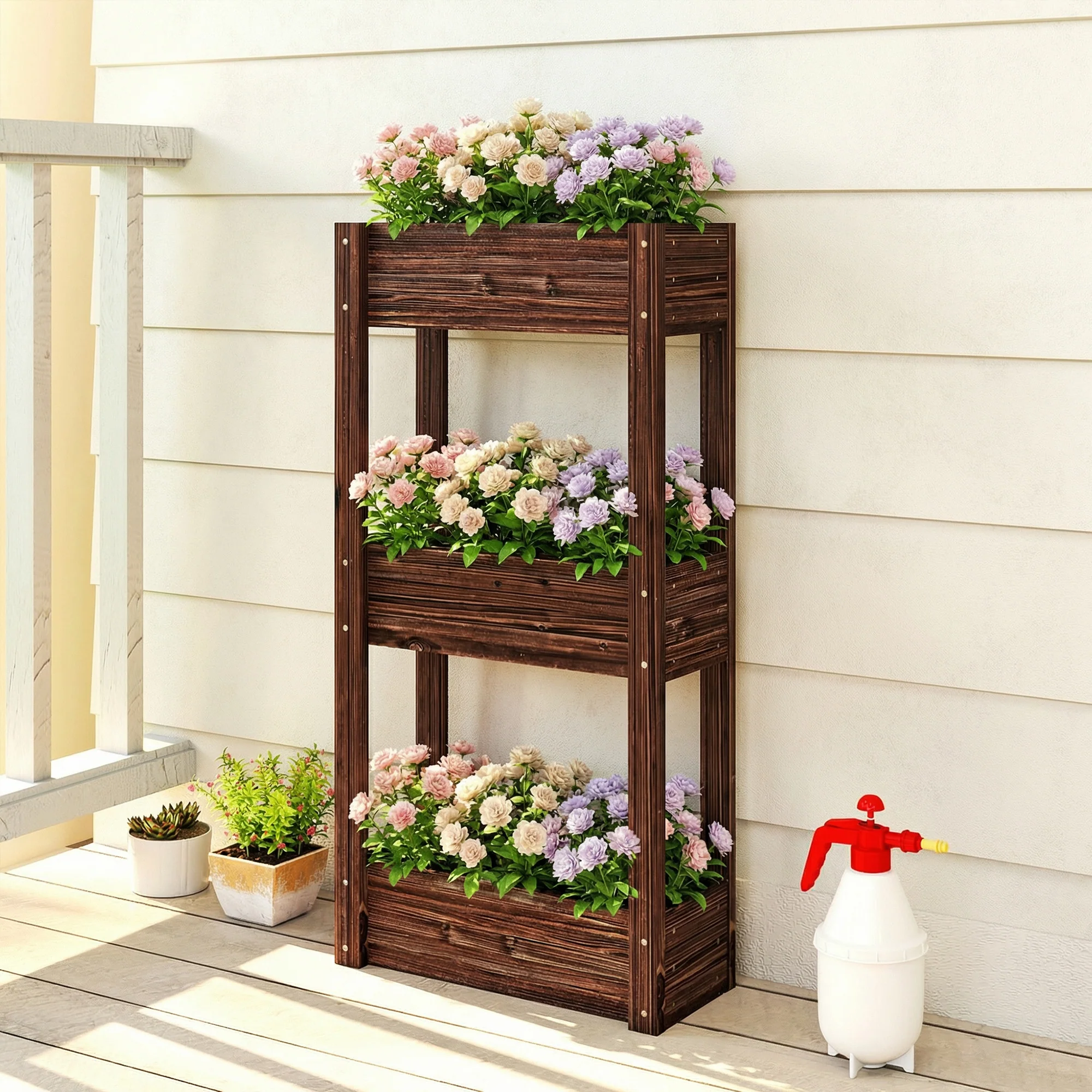 3-Tier Wooden Raised Planter with Liner, 60 x 25 x 120 cm - Image 4