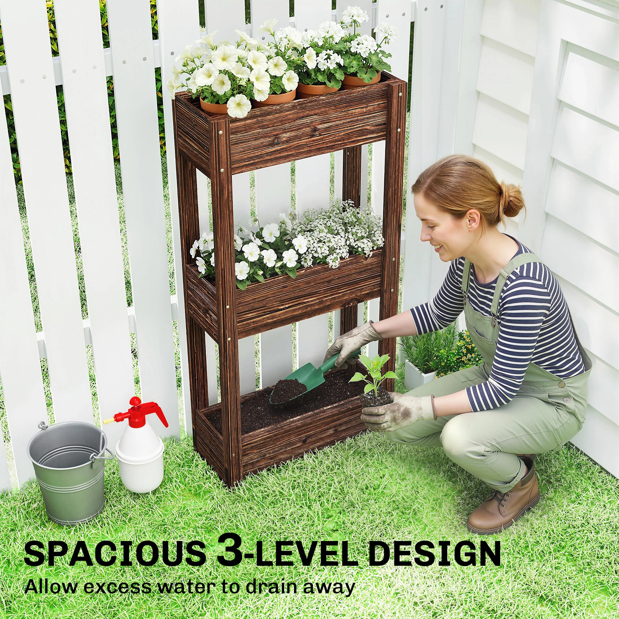 3-Tier Wooden Raised Planter with Liner, 60 x 25 x 120 cm - Image 6