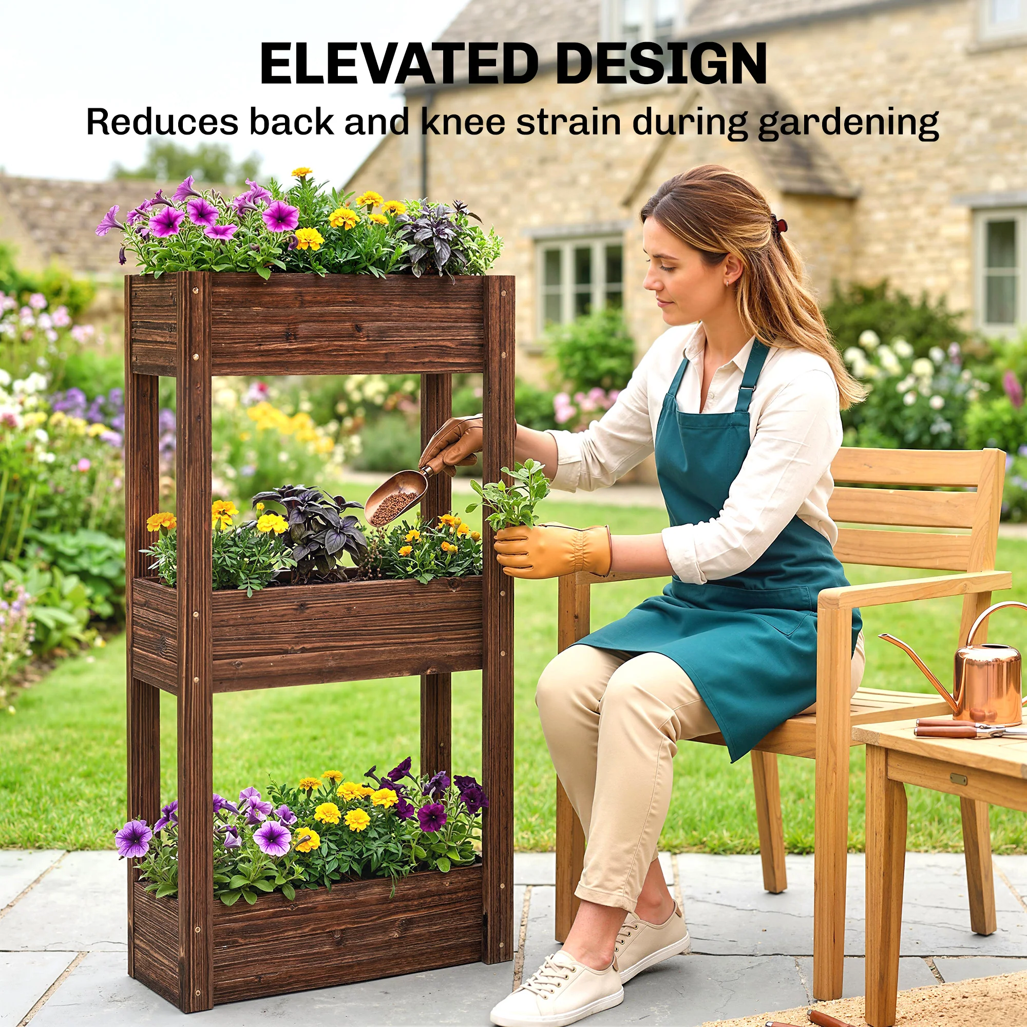 3-Tier Wooden Raised Planter with Liner, 60 x 25 x 120 cm - Image 7