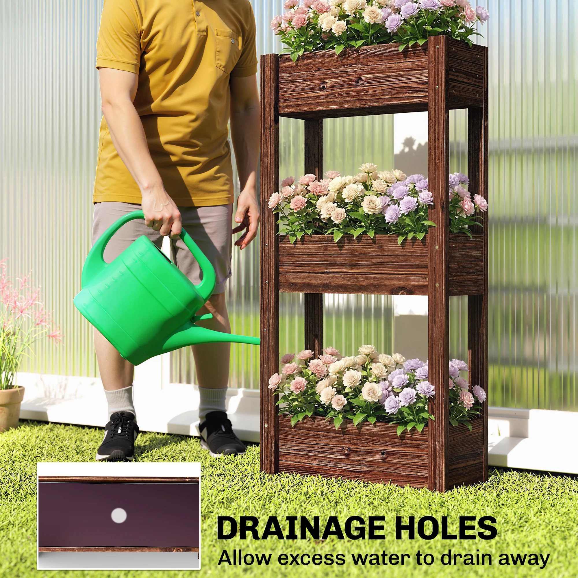 3-Tier Wooden Raised Planter with Liner, 60 x 25 x 120 cm - Image 8