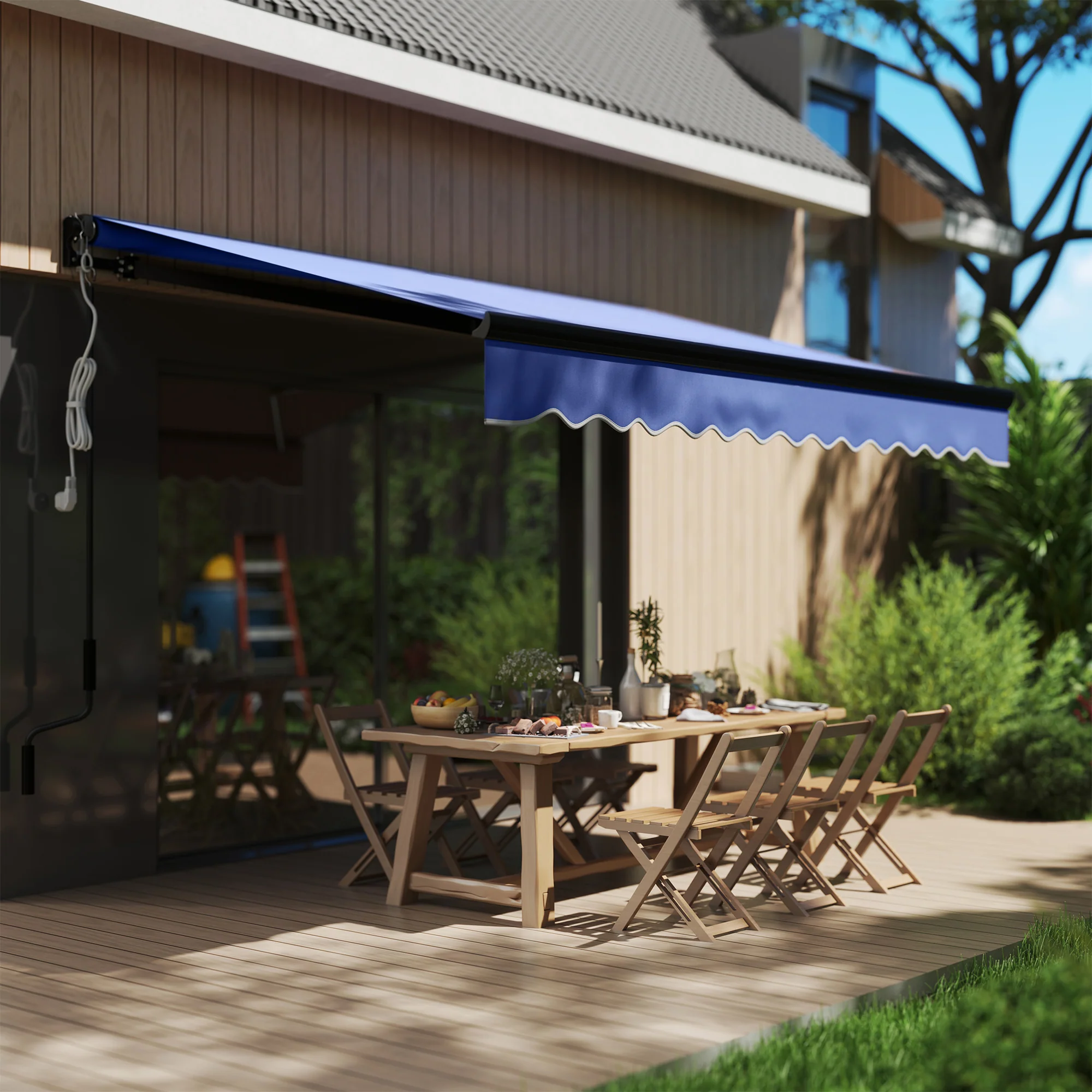 3 x 2.5m Electric Awning with LED Light & Remote Controller for Garden Patio Deck, Blue - Image 3
