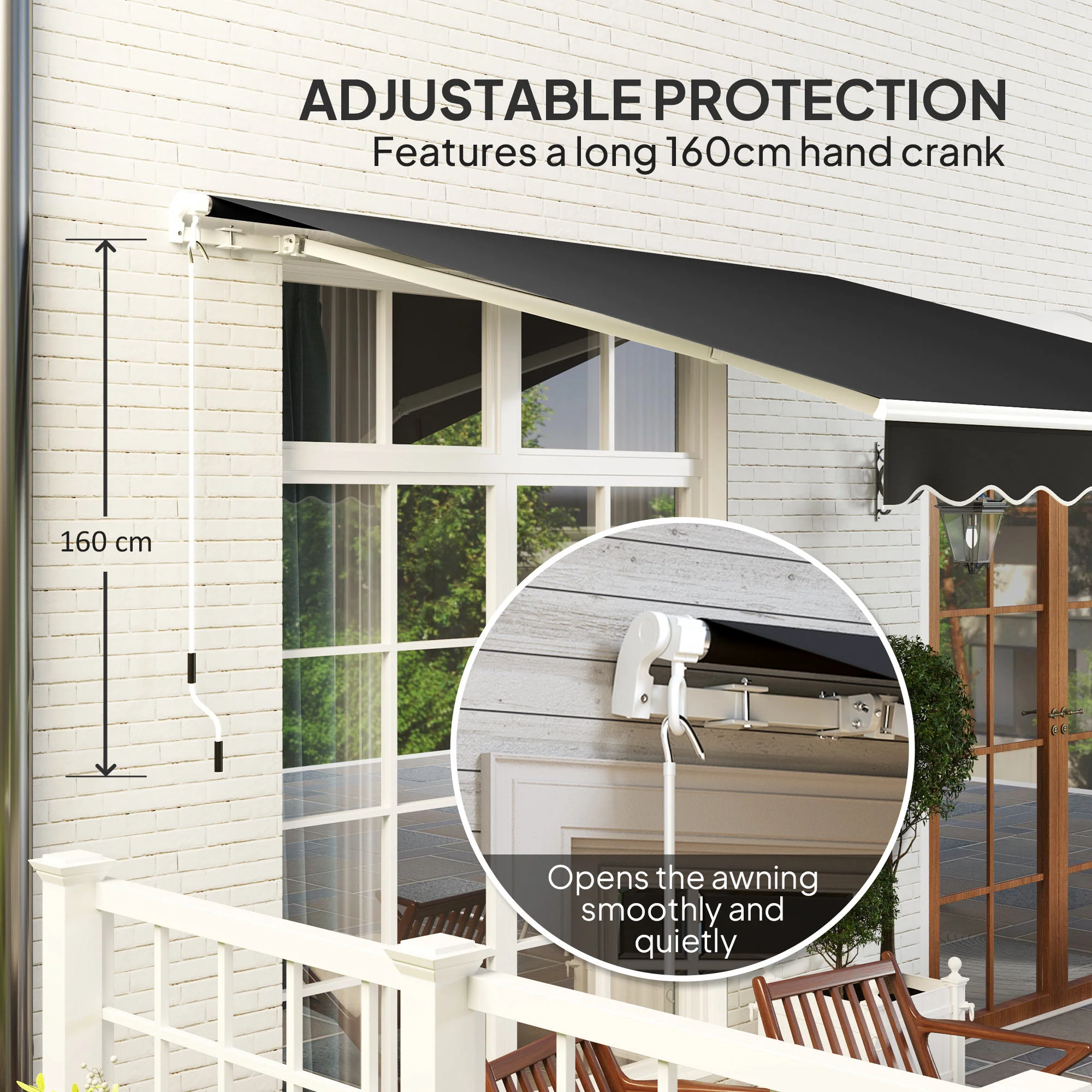3 x 2.5m Retractable Manual Awning with w/ Fittings & Crank Handle, Black - Image 8