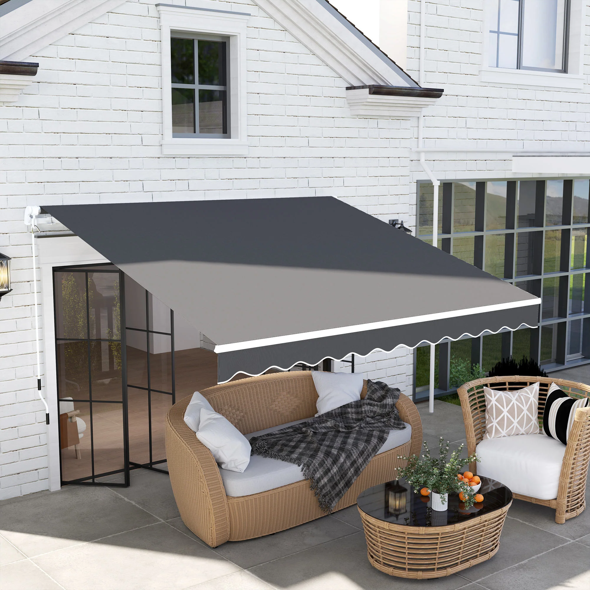 3 x 2.5m Retractable Manual Awning with w/ Fittings & Crank Handle, Light Grey - Image 3