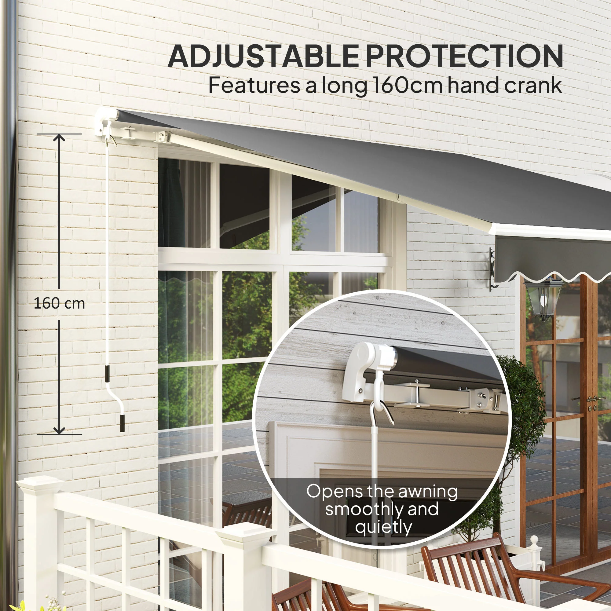 3 x 2.5m Retractable Manual Awning with w/ Fittings & Crank Handle, Light Grey - Image 8