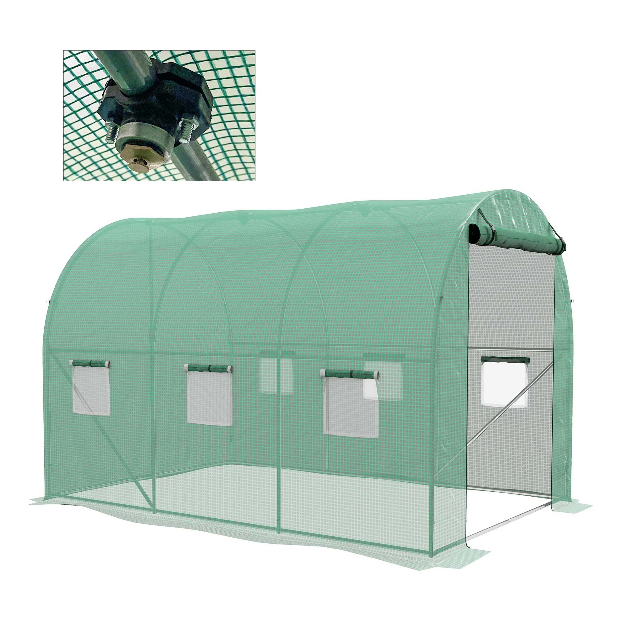 3 x 2m Polytunnel Greenhouse with Sprinkler Irrigation System, Wide Roll-up Door & 6 Mesh Windows, Green