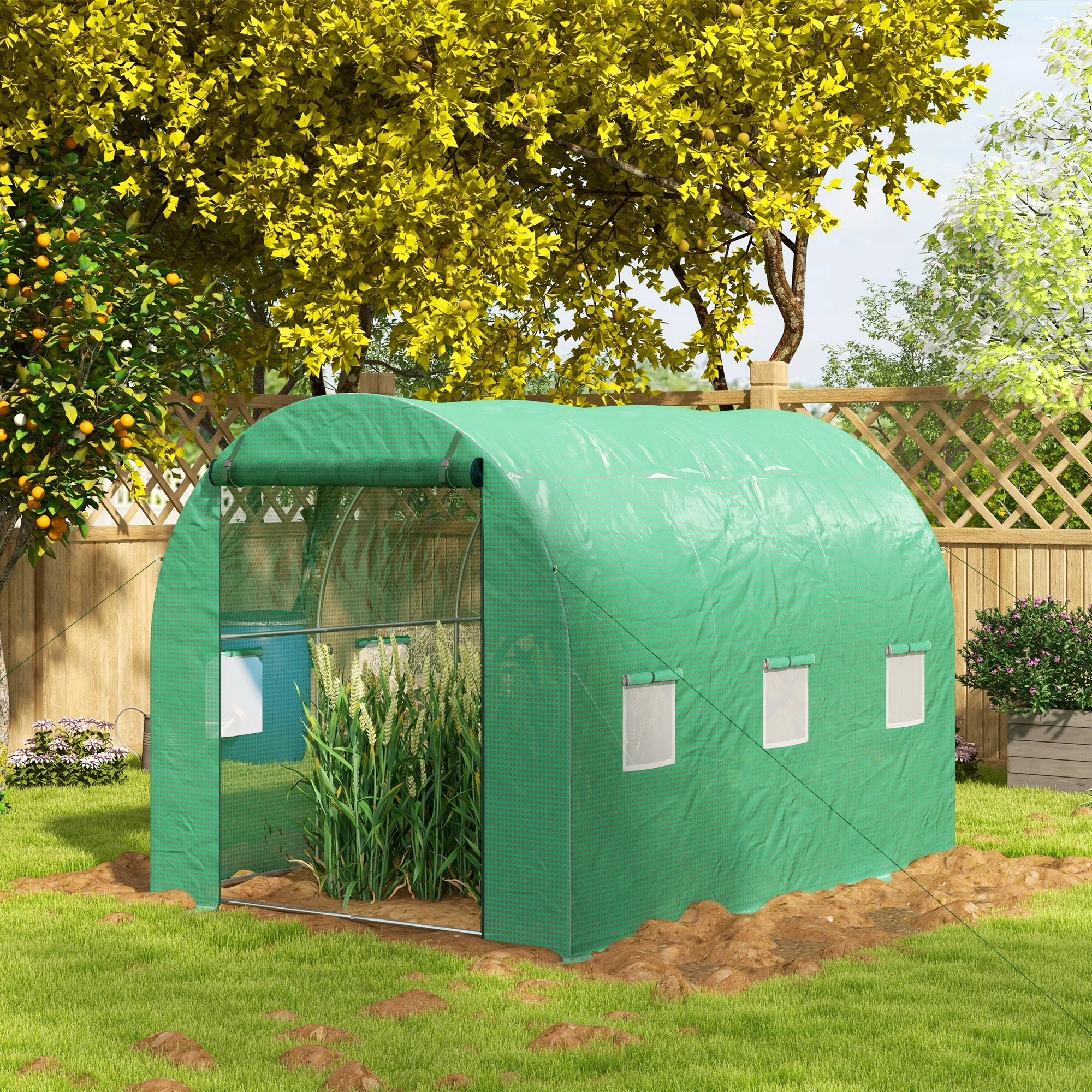 3 x 2m Polytunnel Greenhouse with Sprinkler Irrigation System, Wide Roll-up Door & 6 Mesh Windows, Green - Image 4