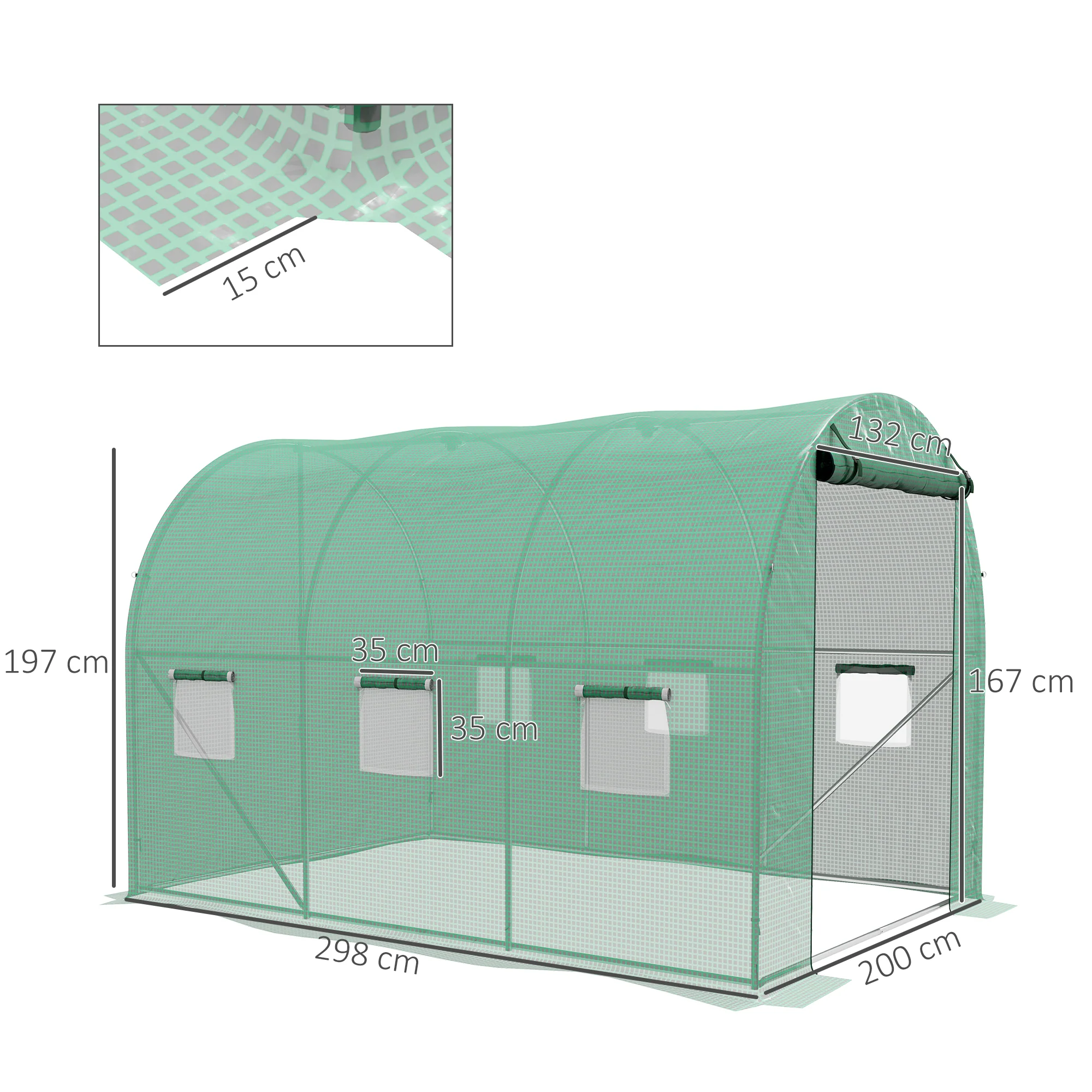 3 x 2m Polytunnel Greenhouse with Sprinkler Irrigation System, Wide Roll-up Door & 6 Mesh Windows, Green - Image 5
