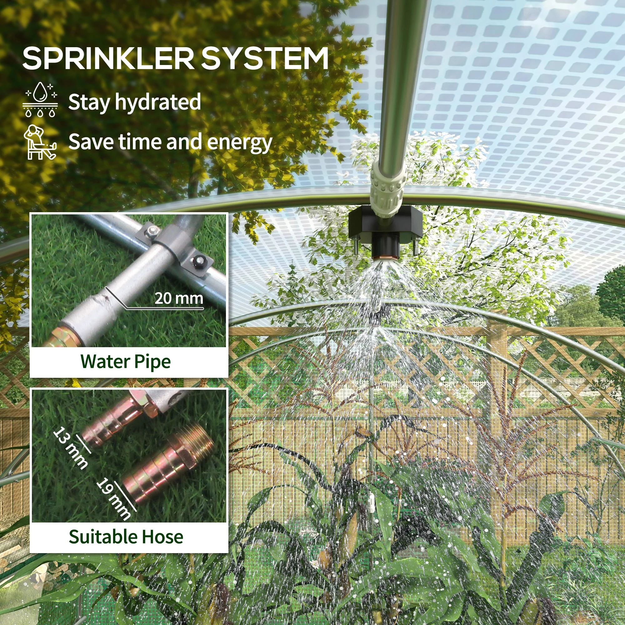 3 x 2m Polytunnel Greenhouse with Sprinkler Irrigation System, Wide Roll-up Door & 6 Mesh Windows, Green - Image 6