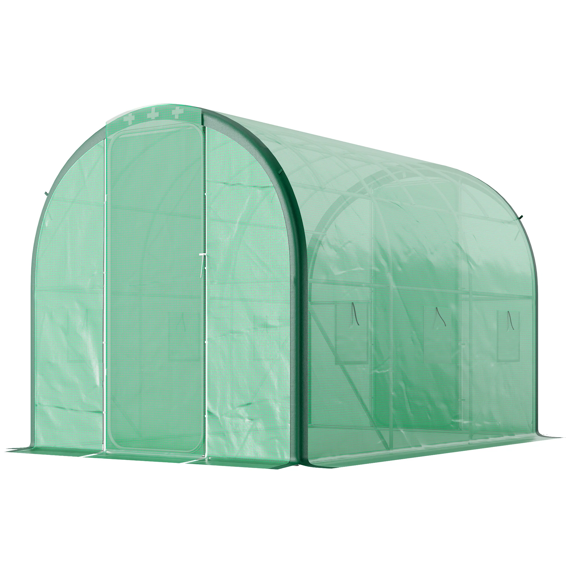 3 x 2m Walk-in Polytunnel Greenhouse with 2 Hinged Doors & 6 Mesh Windows, Green - Image 2