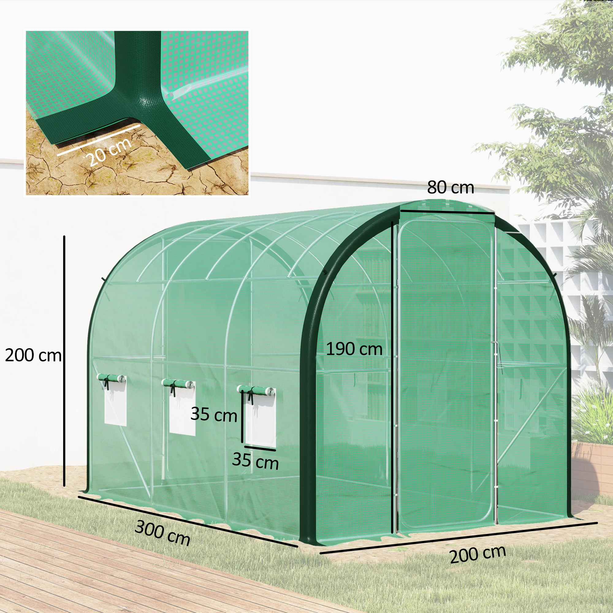 3 x 2m Walk-in Polytunnel Greenhouse with 2 Hinged Doors & 6 Mesh Windows, Green - Image 5