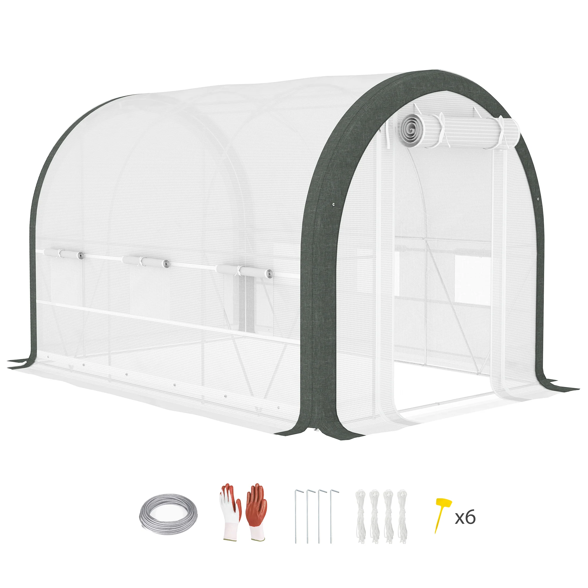 3 x 2m Walk-in Polytunnel Greenhouse with Upgraded Structure & 6 Mesh Windows, White