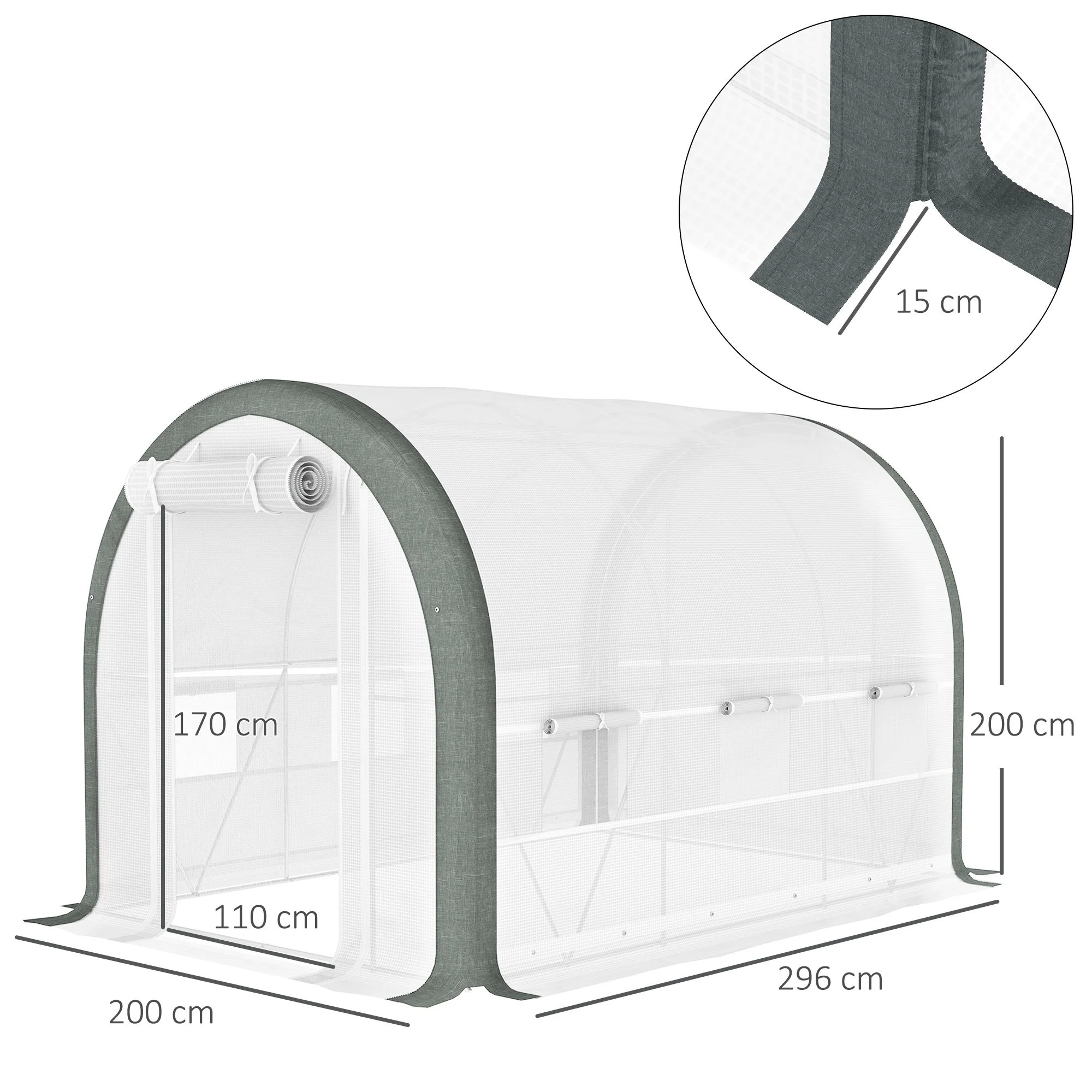 3 x 2m Walk-in Polytunnel Greenhouse with Upgraded Structure & 6 Mesh Windows, White - Image 5