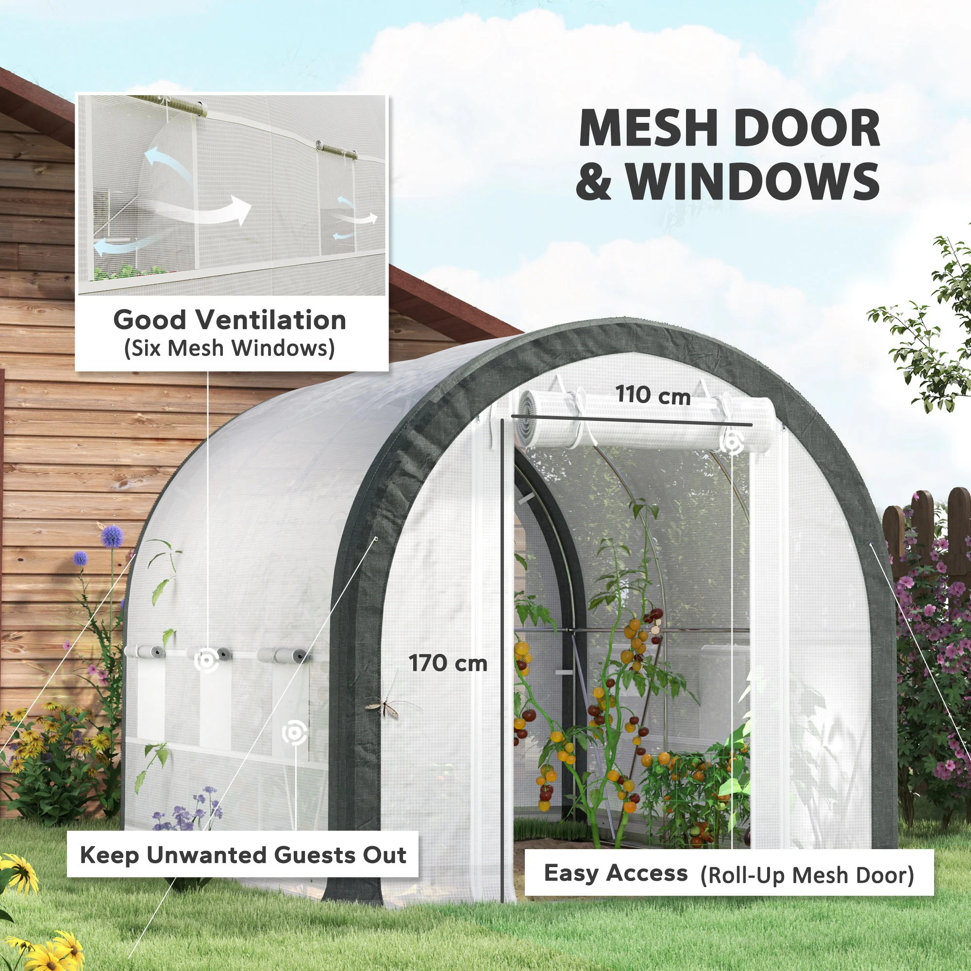 3 x 2m Walk-in Polytunnel Greenhouse with Upgraded Structure & 6 Mesh Windows, White - Image 6