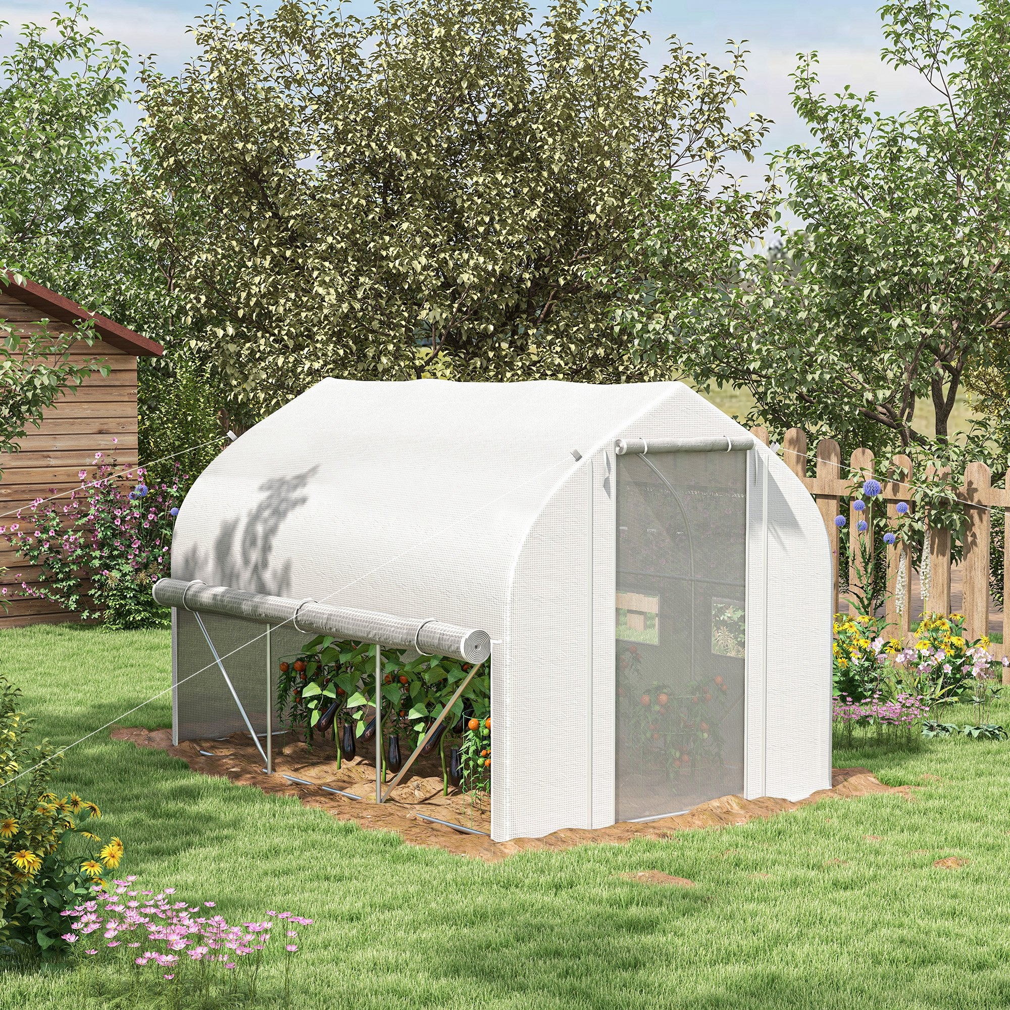 3 x 2m Walk-in Polytunnel Greenhouse w/ Zipped Roll Up Sidewalls & 6 Mesh Windows, White - Image 3
