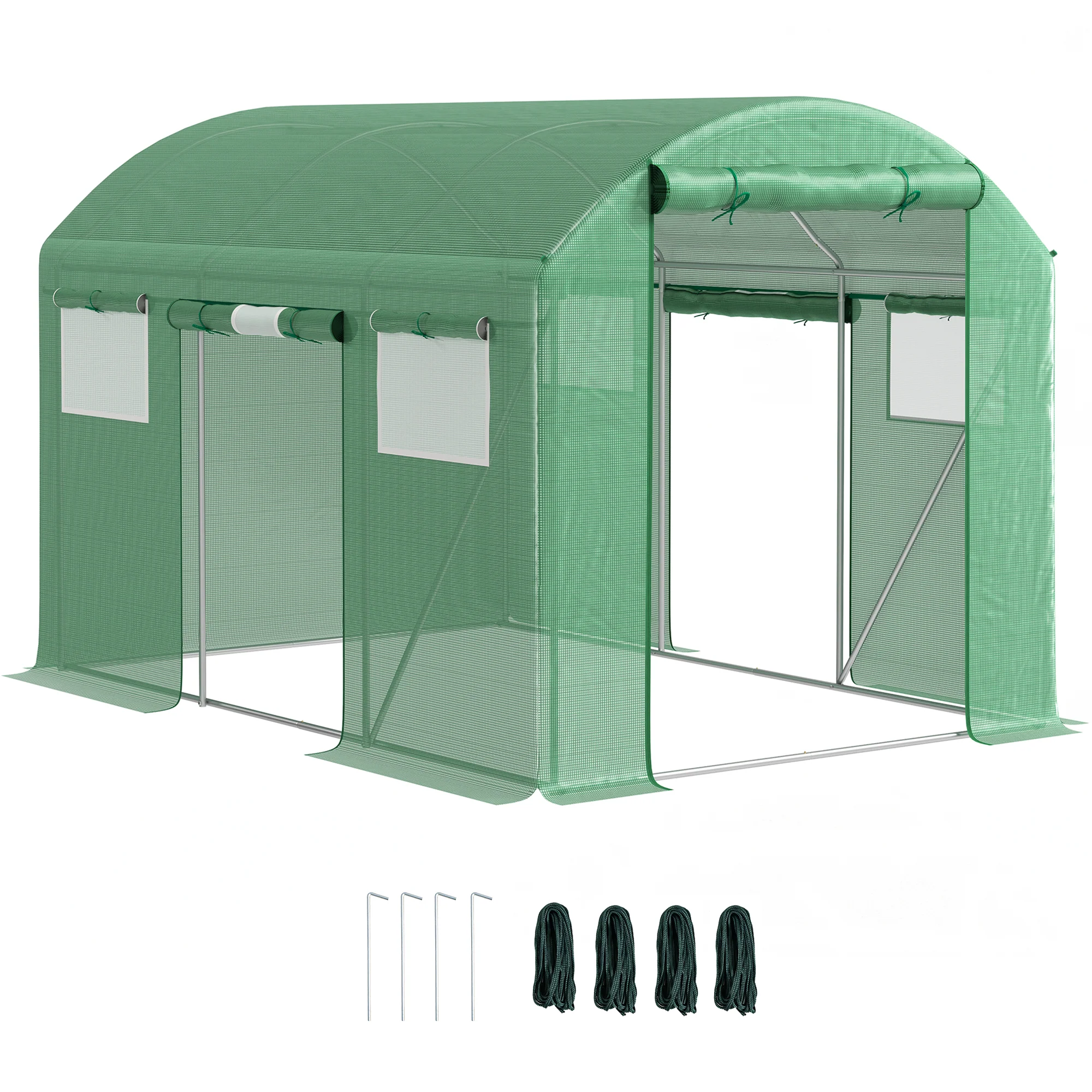 3 x 2 x 2m Polytunnel Greenhouse with 3 Roll-up Doors, Mesh Windows & Anti-UV PE Cover, Green