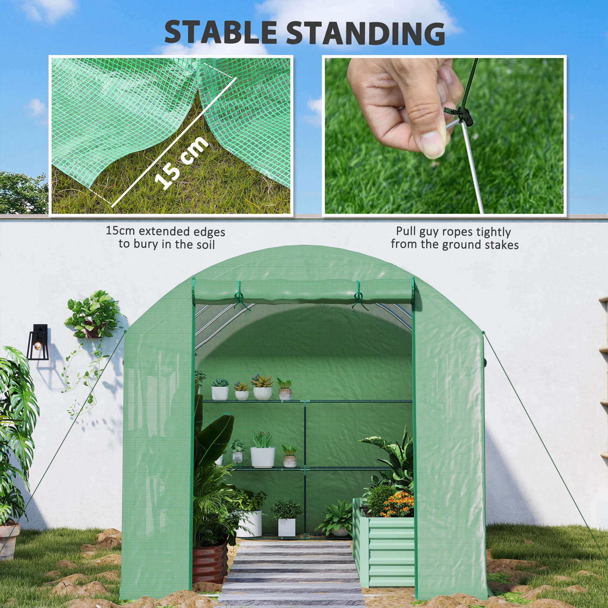 3 x 2 x 2m Polytunnel Greenhouse with 3 Roll-up Doors, Mesh Windows & Anti-UV PE Cover, Green - Image 10