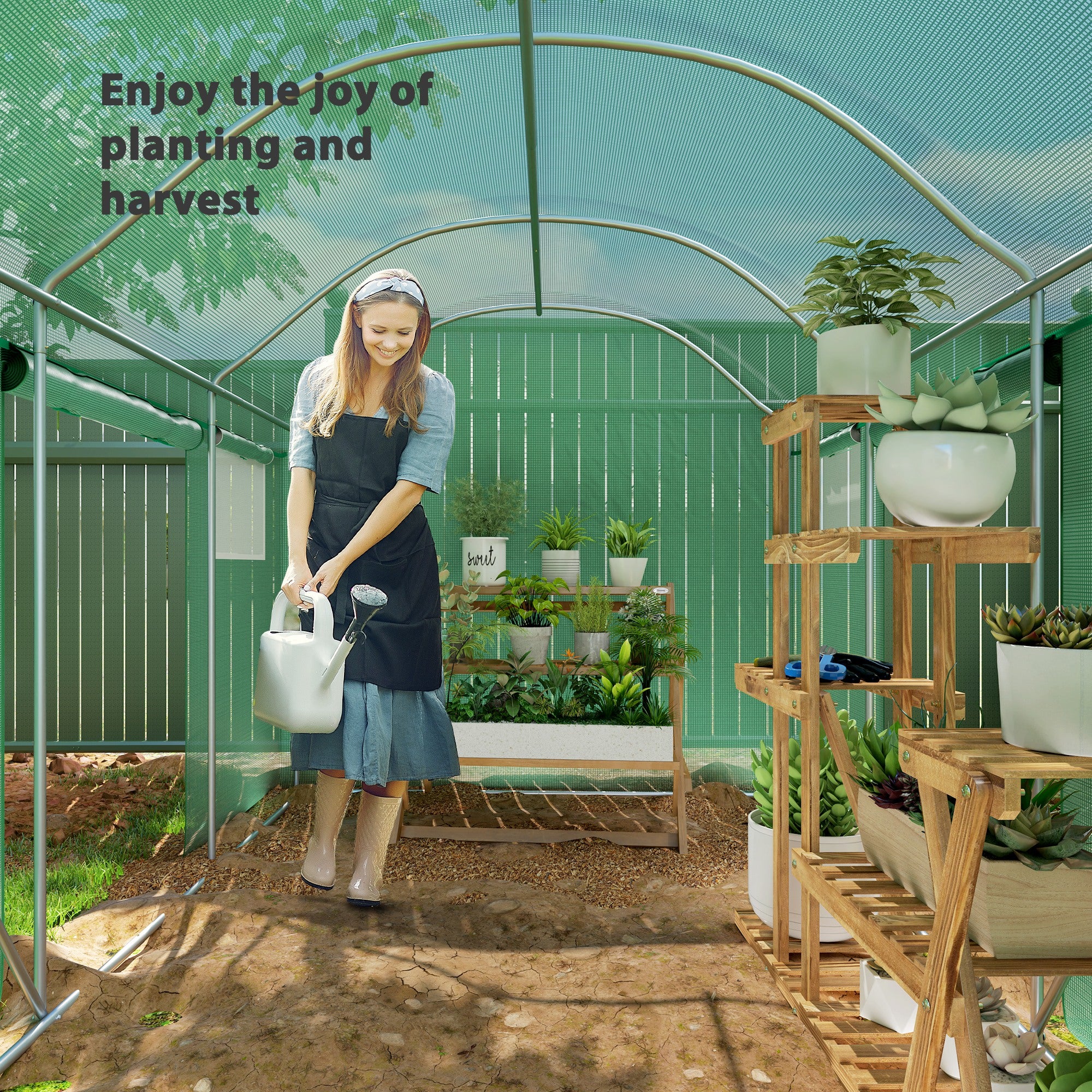 3 x 2 x 2m Polytunnel Greenhouse with 3 Roll-up Doors, Mesh Windows & Anti-UV PE Cover, Green - Image 11