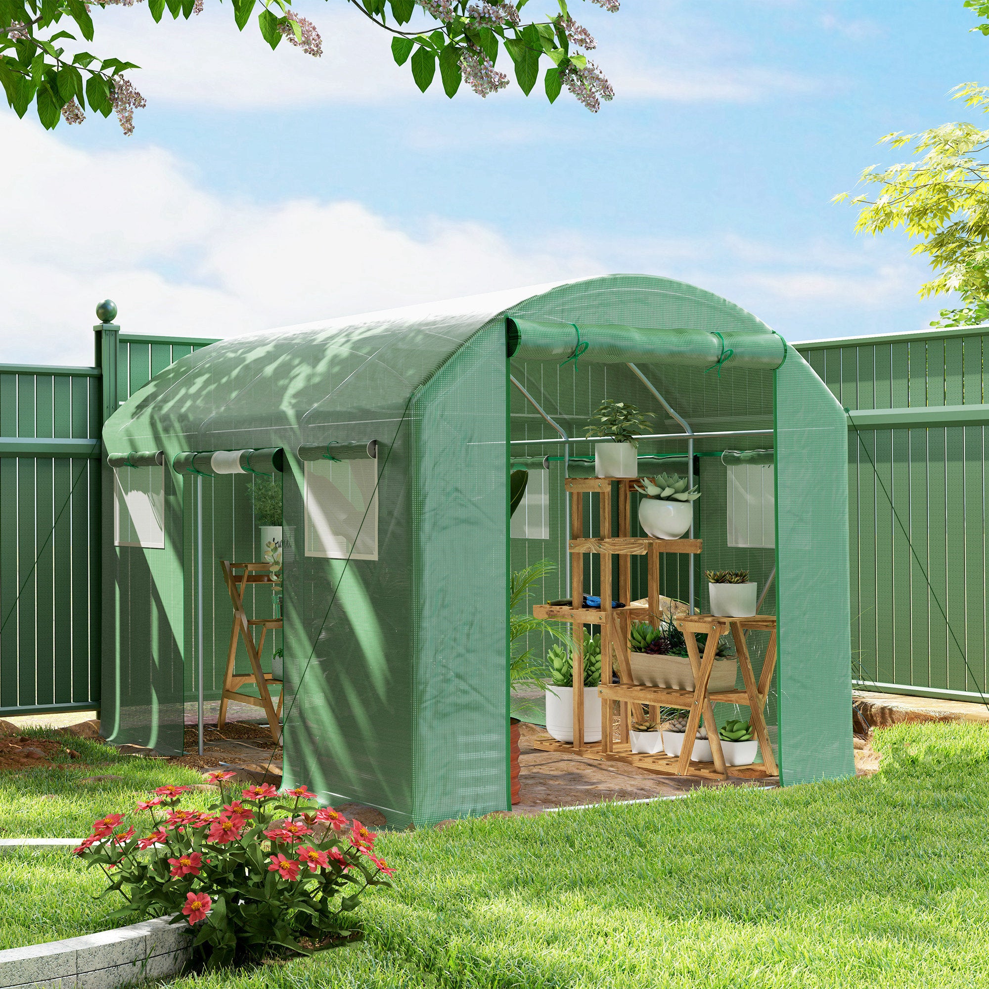 3 x 2 x 2m Polytunnel Greenhouse with 3 Roll-up Doors, Mesh Windows & Anti-UV PE Cover, Green - Image 3