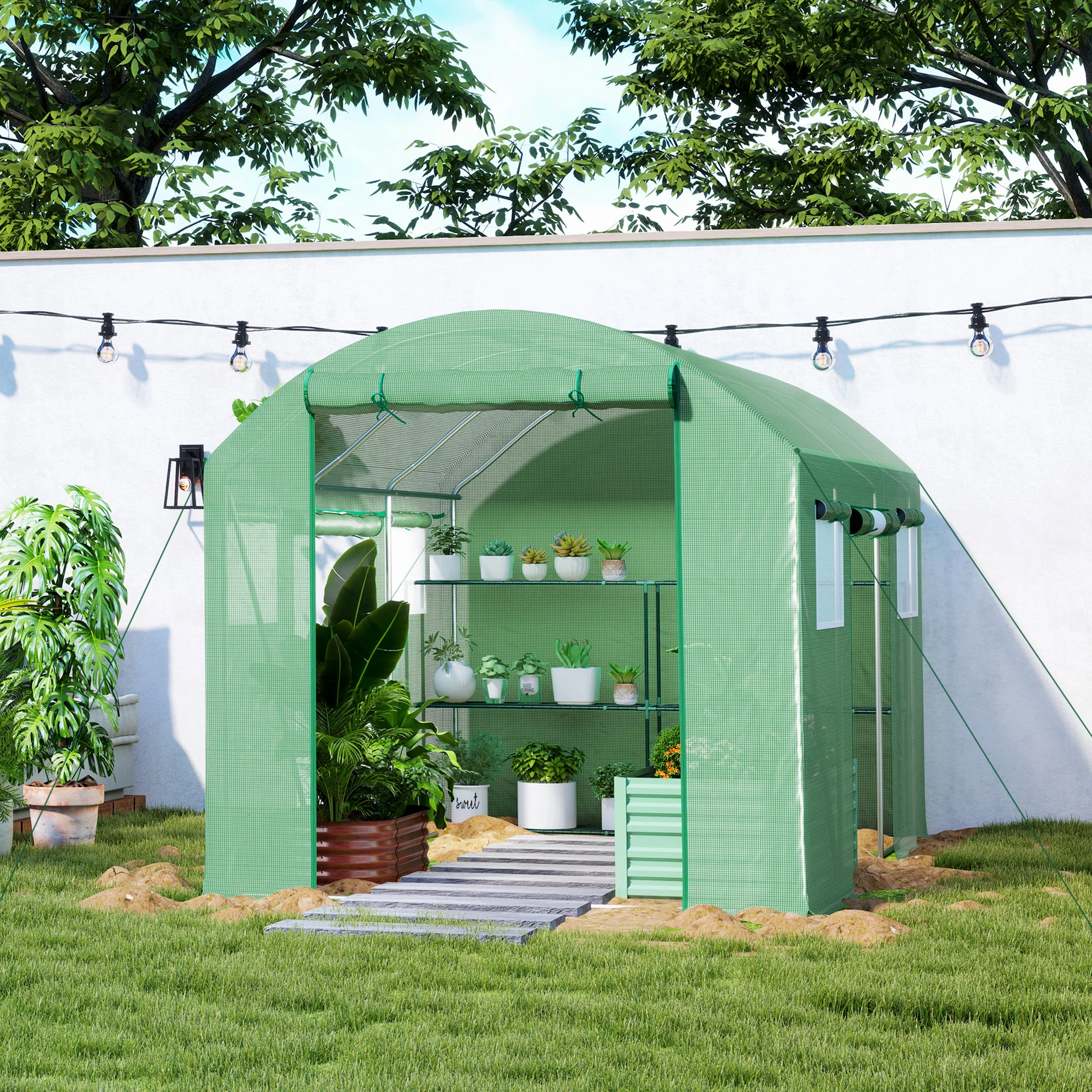 3 x 2 x 2m Polytunnel Greenhouse with 3 Roll-up Doors, Mesh Windows & Anti-UV PE Cover, Green - Image 4