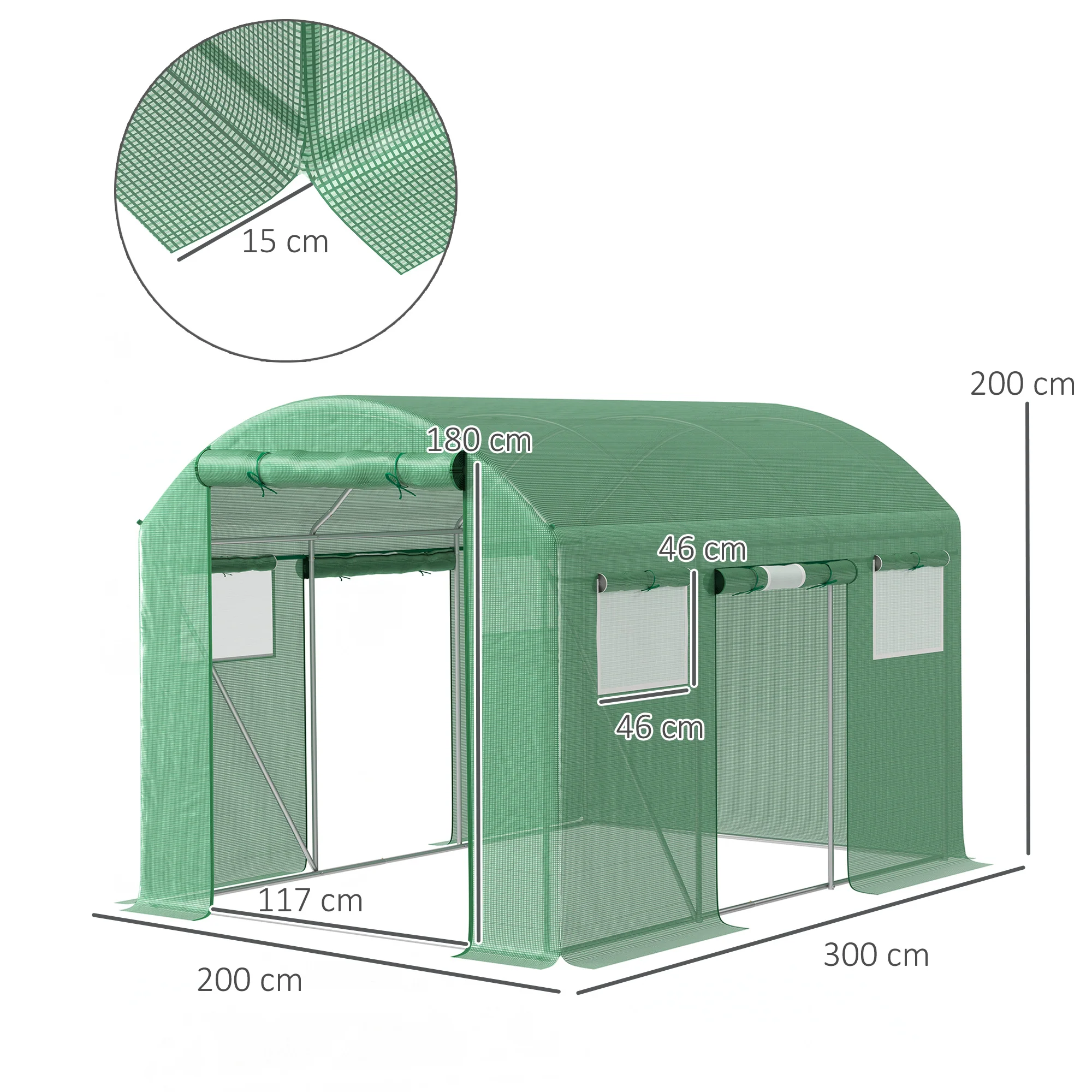 3 x 2 x 2m Polytunnel Greenhouse with 3 Roll-up Doors, Mesh Windows & Anti-UV PE Cover, Green - Image 5