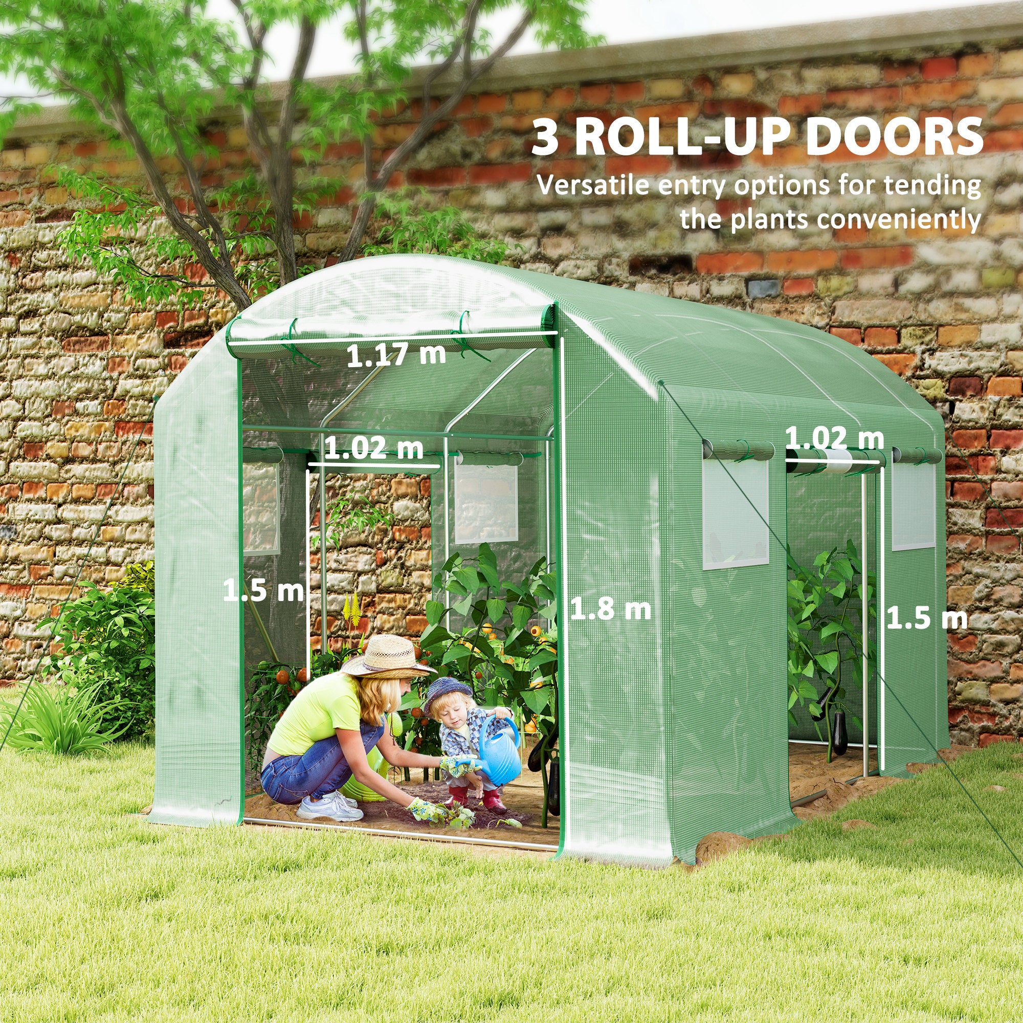 3 x 2 x 2m Polytunnel Greenhouse with 3 Roll-up Doors, Mesh Windows & Anti-UV PE Cover, Green - Image 6