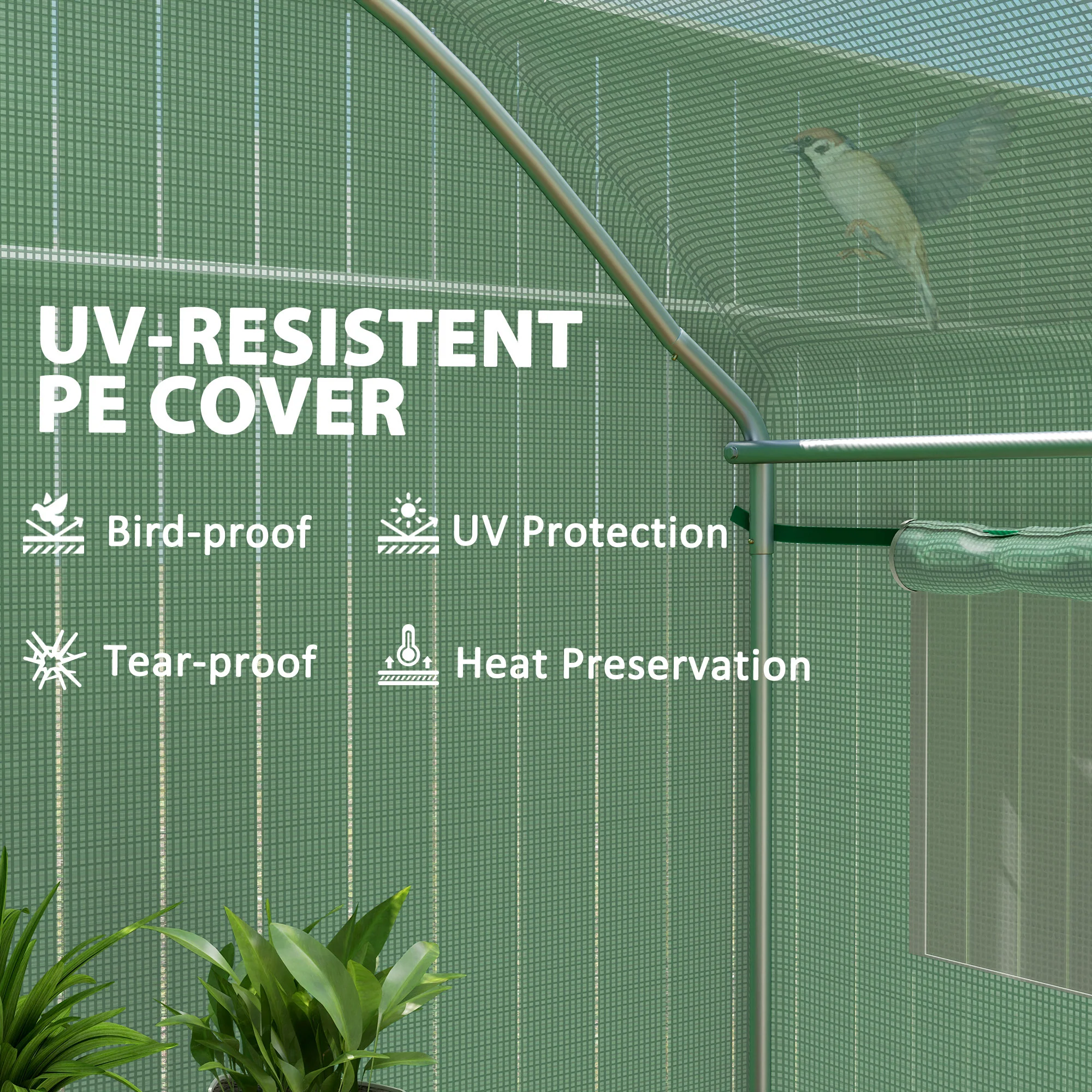 3 x 2 x 2m Polytunnel Greenhouse with 3 Roll-up Doors, Mesh Windows & Anti-UV PE Cover, Green - Image 8