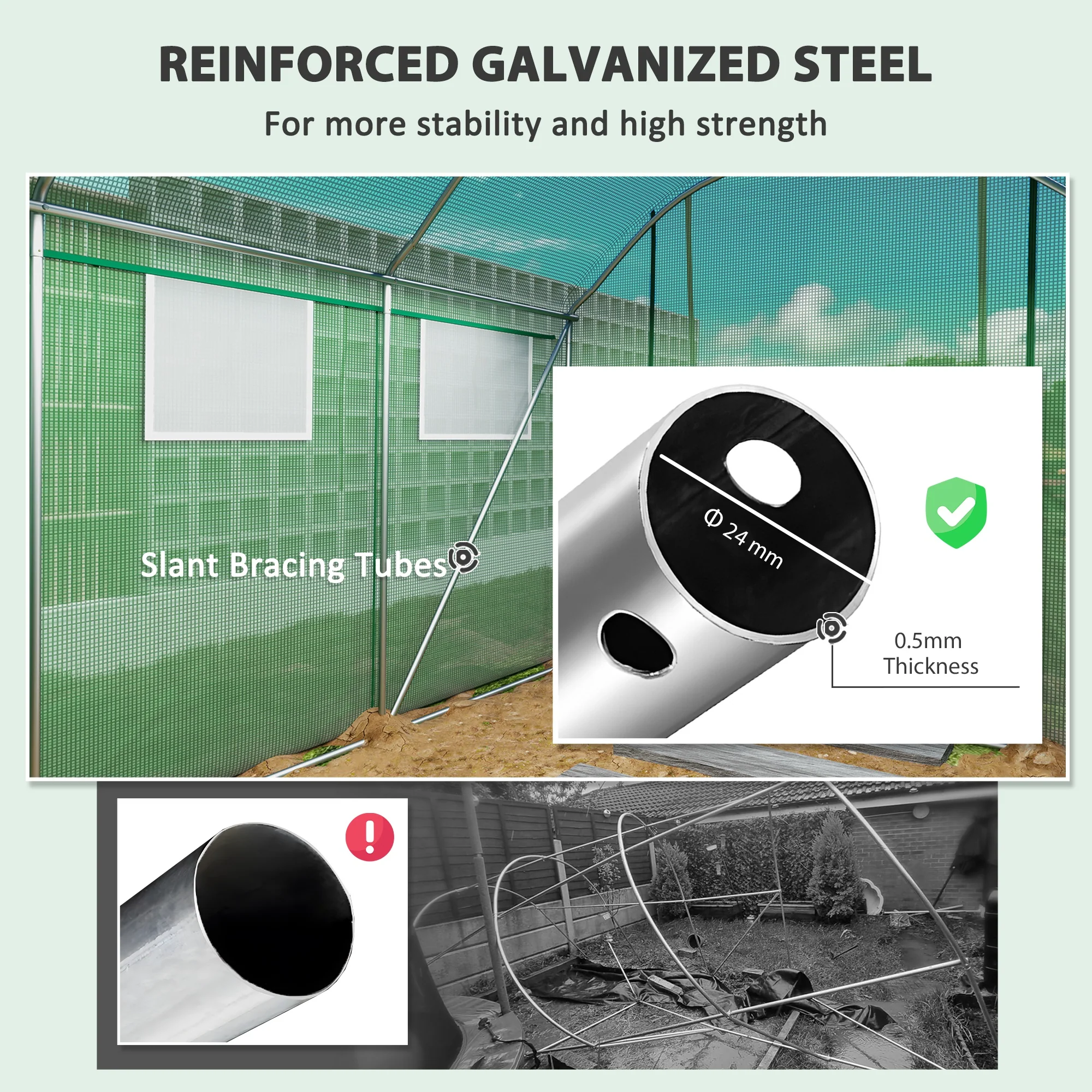 3 x 2 x 2m Polytunnel Greenhouse with 3 Roll-up Doors, Mesh Windows & Anti-UV PE Cover, Green - Image 9
