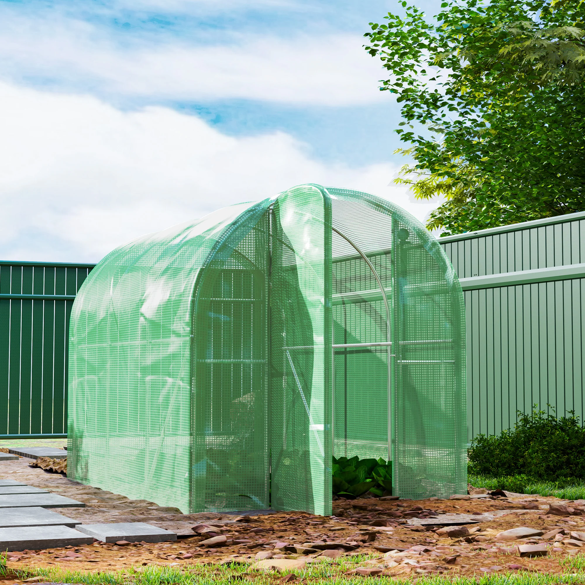 3 x 2 x 2m Galvanised Steel Frame Polytunnel Greenhouse with Hinged Door & PE Cover, Green - Image 4