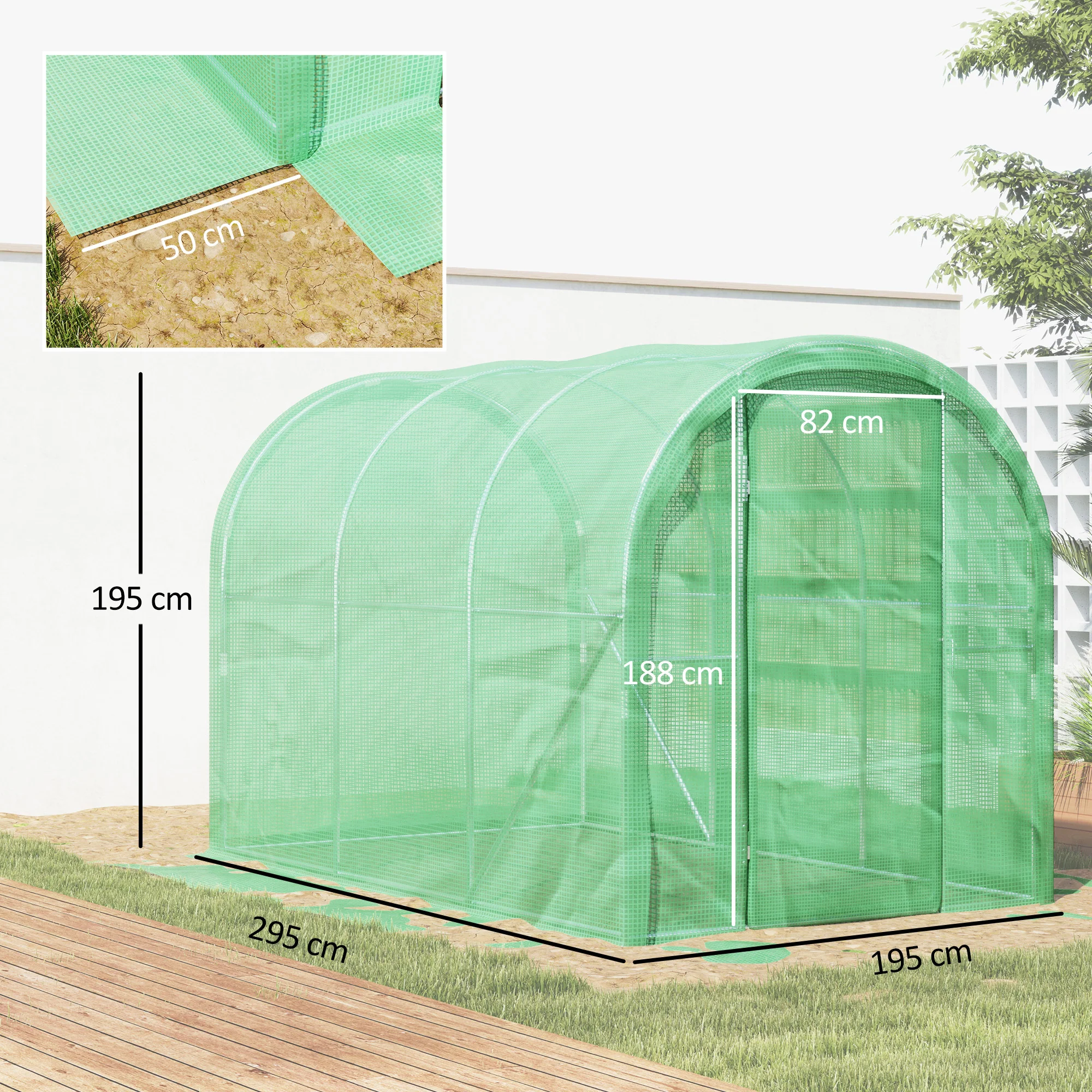 3 x 2 x 2m Galvanised Steel Frame Polytunnel Greenhouse with Hinged Door & PE Cover, Green - Image 5