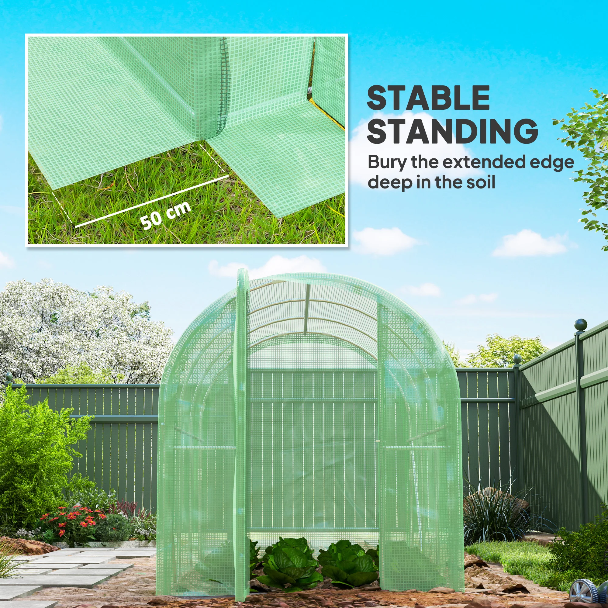 3 x 2 x 2m Galvanised Steel Frame Polytunnel Greenhouse with Hinged Door & PE Cover, Green - Image 8