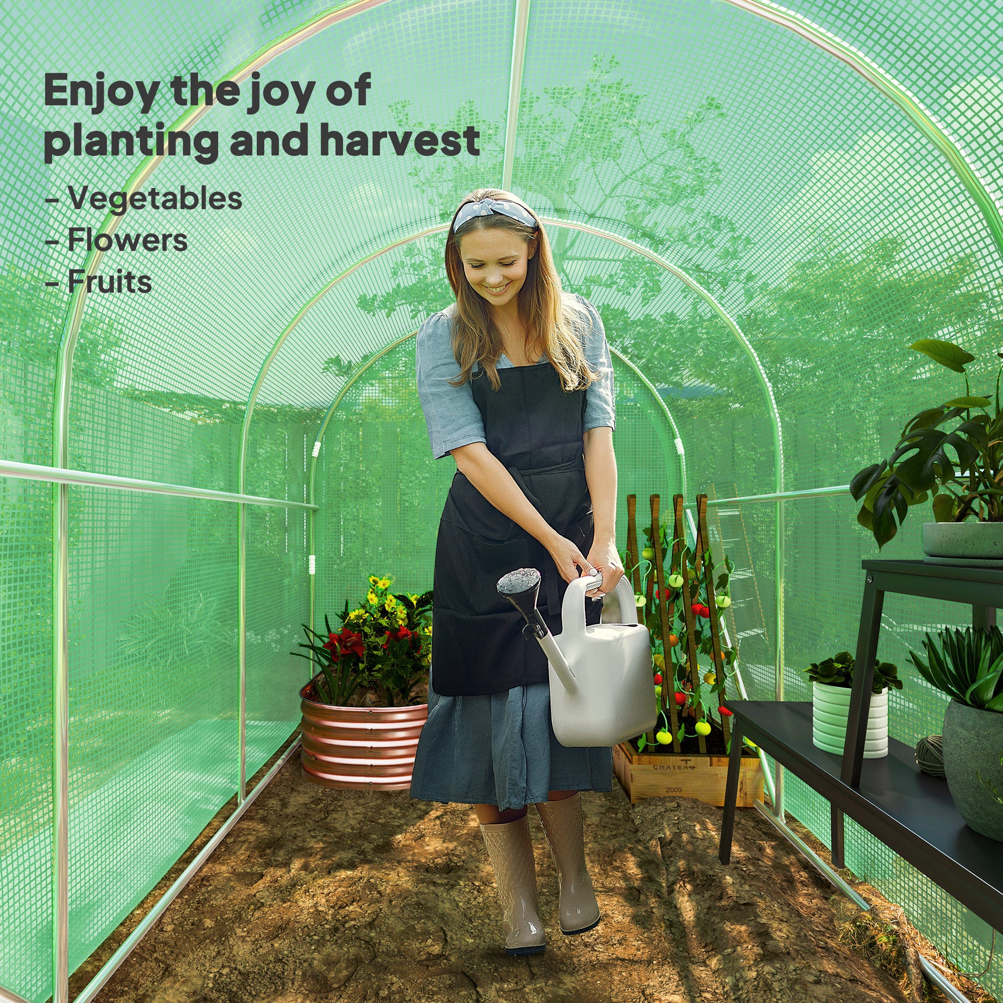 3 x 2 x 2m Galvanised Steel Frame Polytunnel Greenhouse with Hinged Door & PE Cover, Green - Image 9
