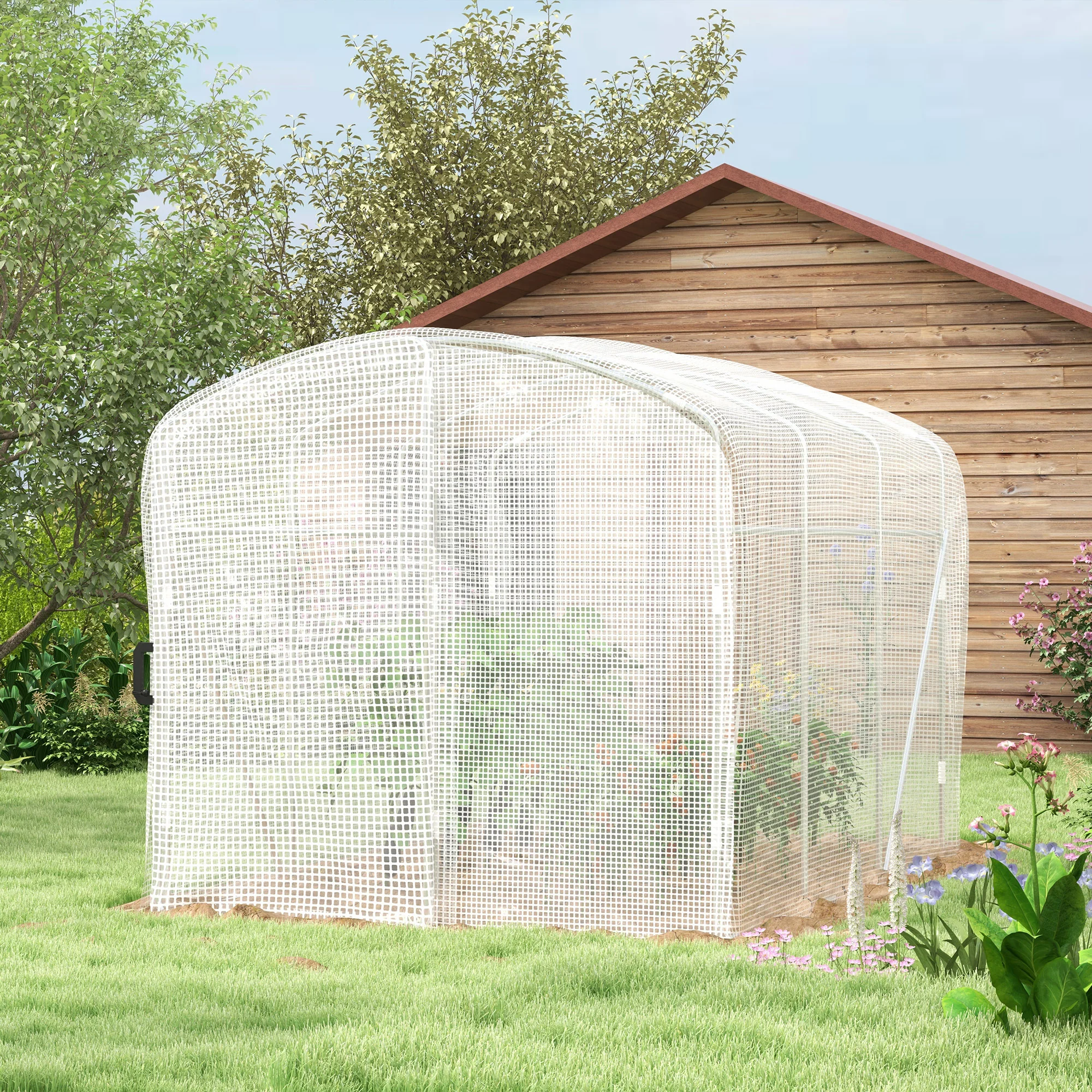 3 x 2 x 2m Galvanised Steel Frame Polytunnel Greenhouse with Hinged Door & PE Cover, White - Image 4