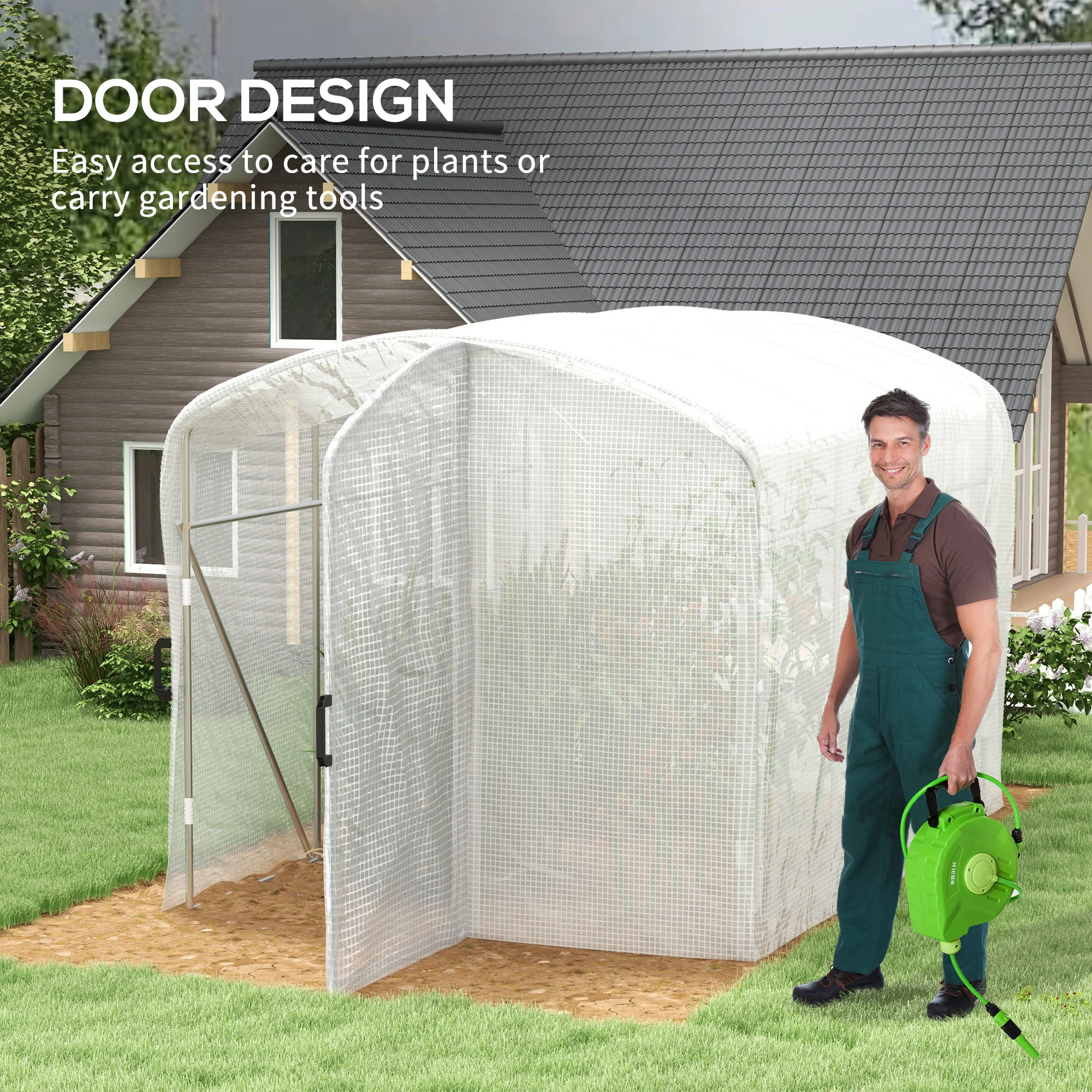 3 x 2 x 2m Galvanised Steel Frame Polytunnel Greenhouse with Hinged Door & PE Cover, White - Image 7