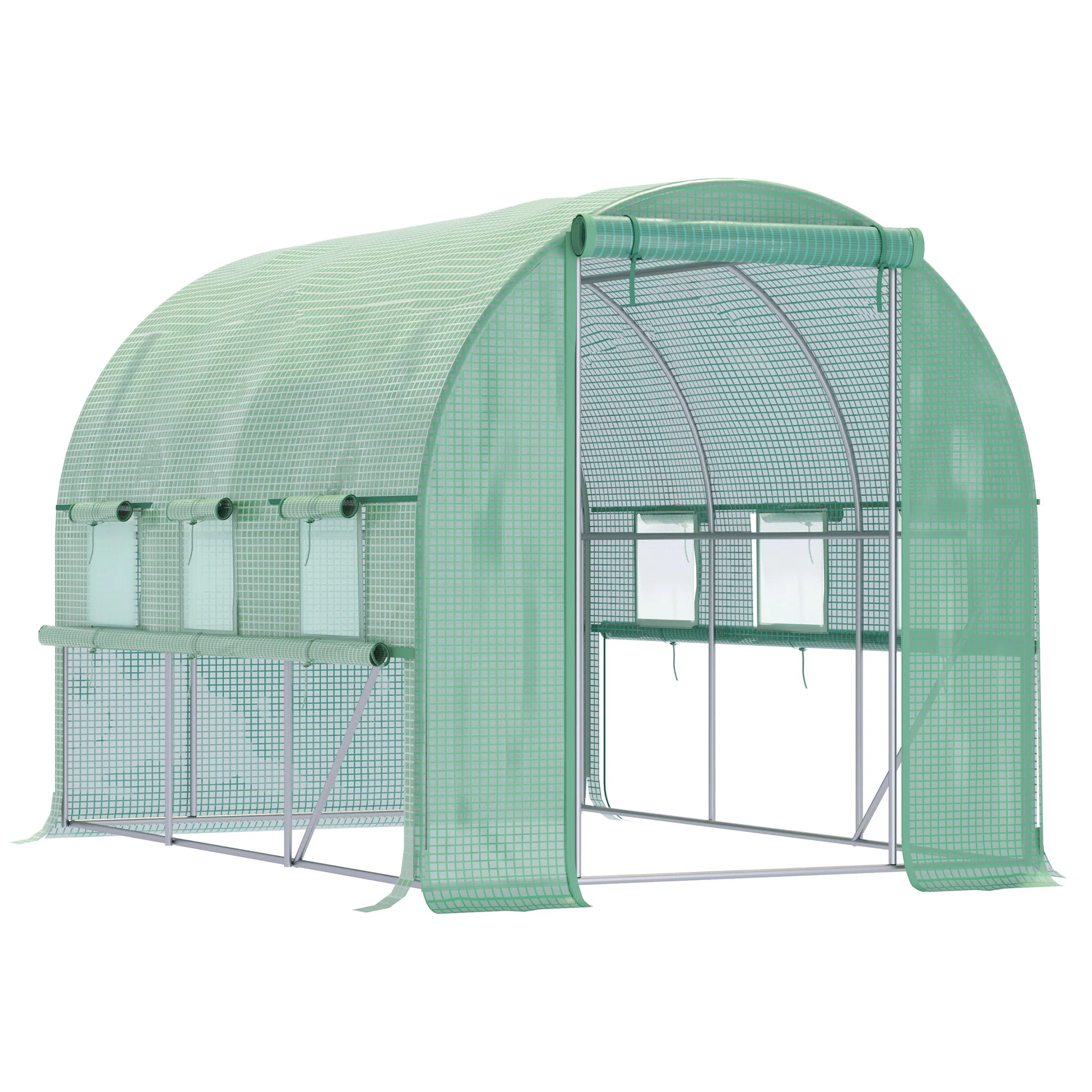 3 x 2 x 2m Polytunnel Greenhouse with Roll-up Sidewalls, Door and 6 Mesh Windows, Green