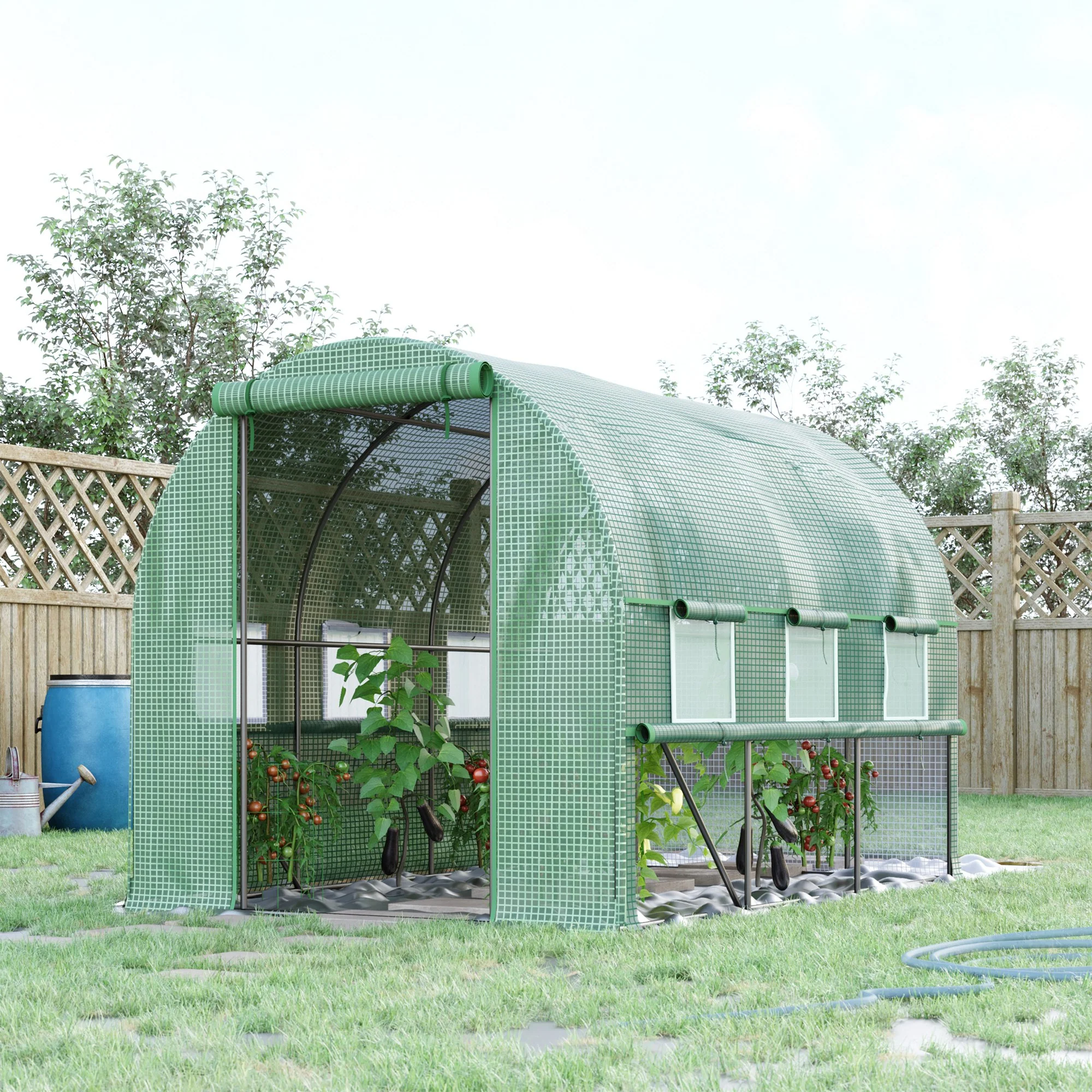 3 x 2 x 2m Polytunnel Greenhouse with Roll-up Sidewalls, Door and 6 Mesh Windows, Green - Image 3