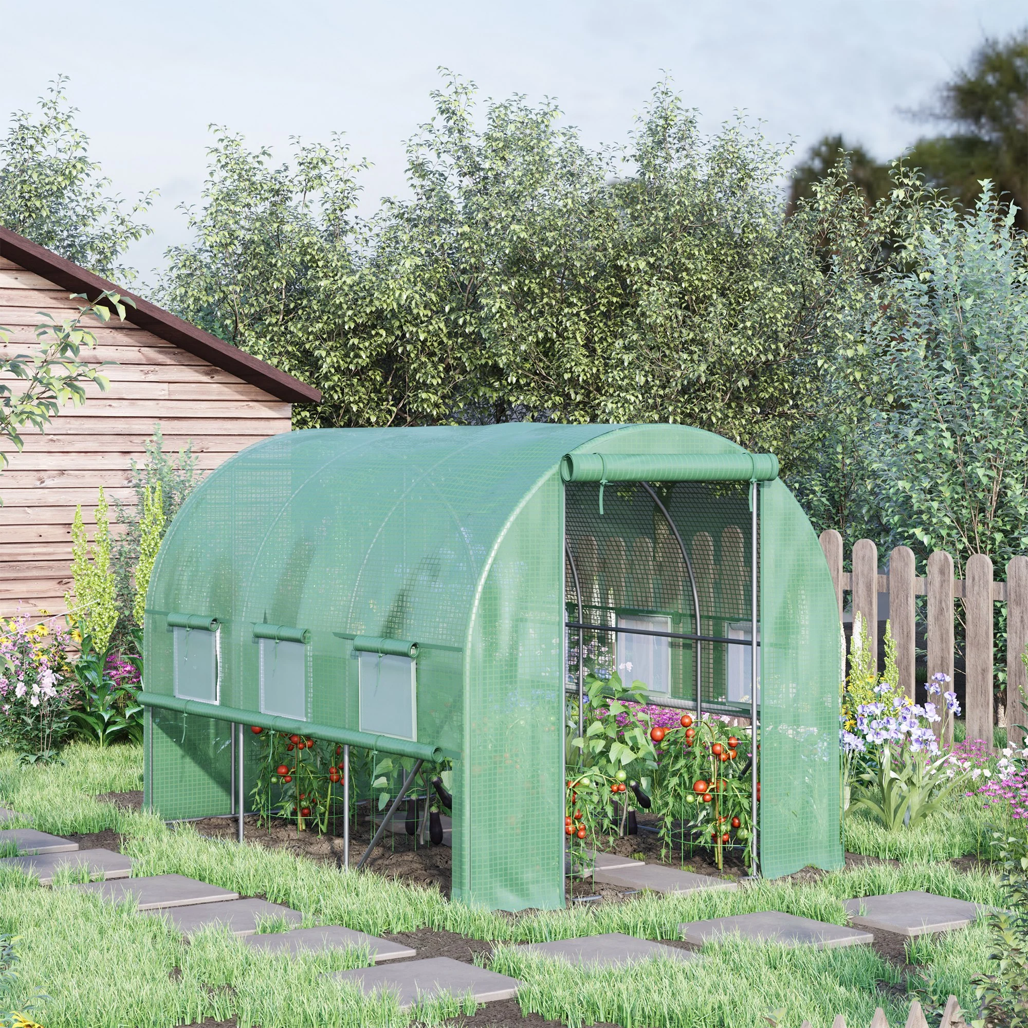 3 x 2 x 2m Polytunnel Greenhouse with Roll-up Sidewalls, Door and 6 Mesh Windows, Green - Image 4