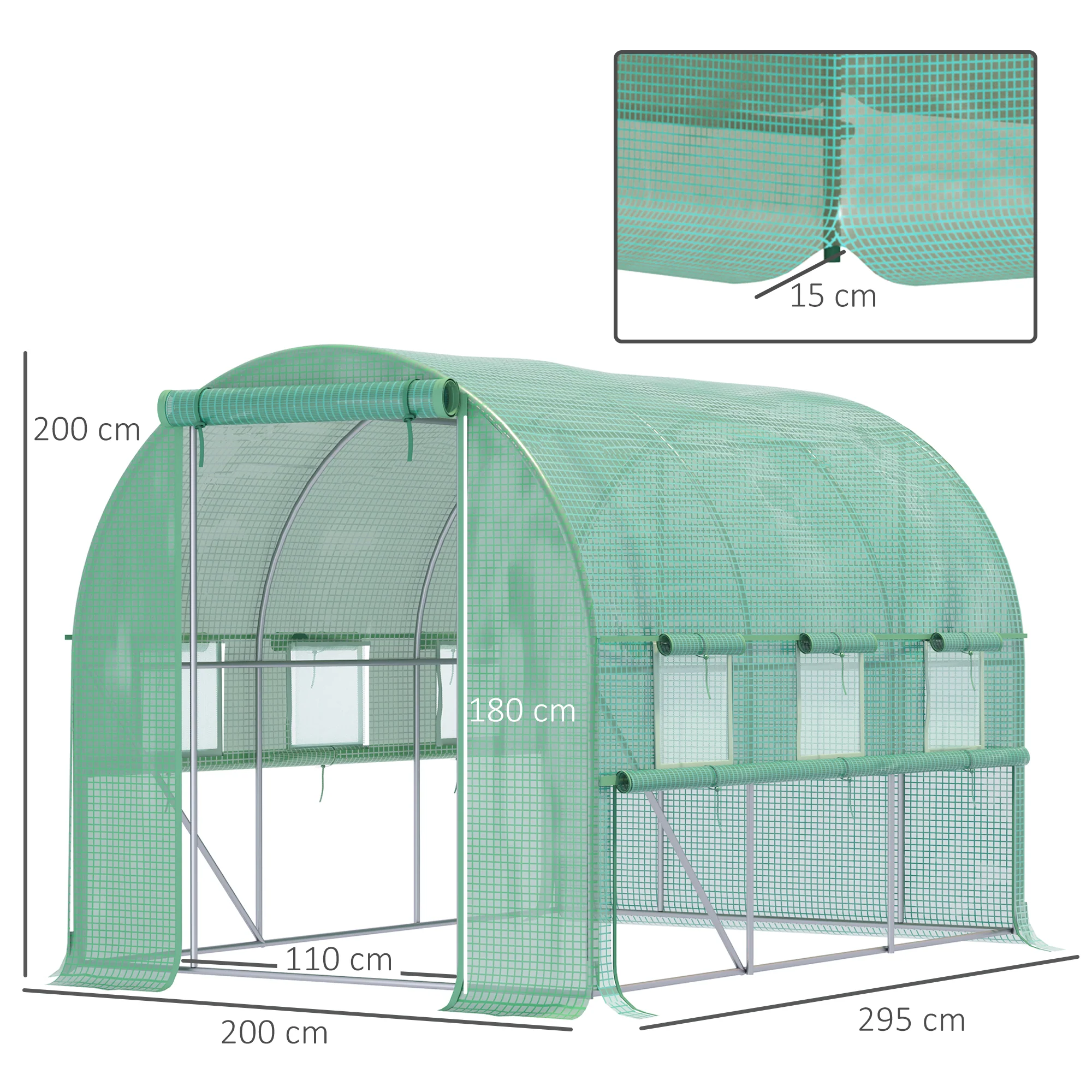 3 x 2 x 2m Polytunnel Greenhouse with Roll-up Sidewalls, Door and 6 Mesh Windows, Green - Image 5