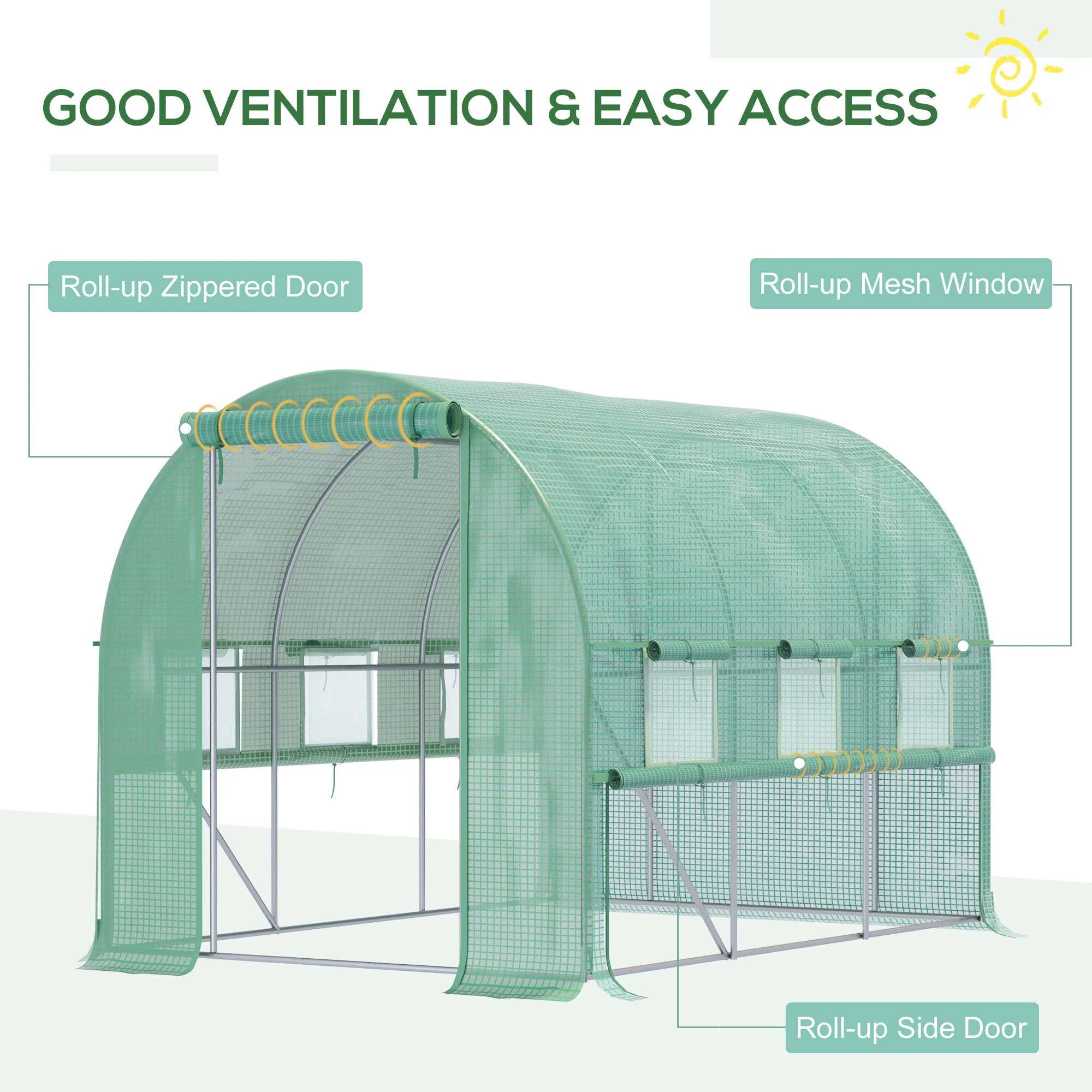 3 x 2 x 2m Polytunnel Greenhouse with Roll-up Sidewalls, Door and 6 Mesh Windows, Green - Image 6