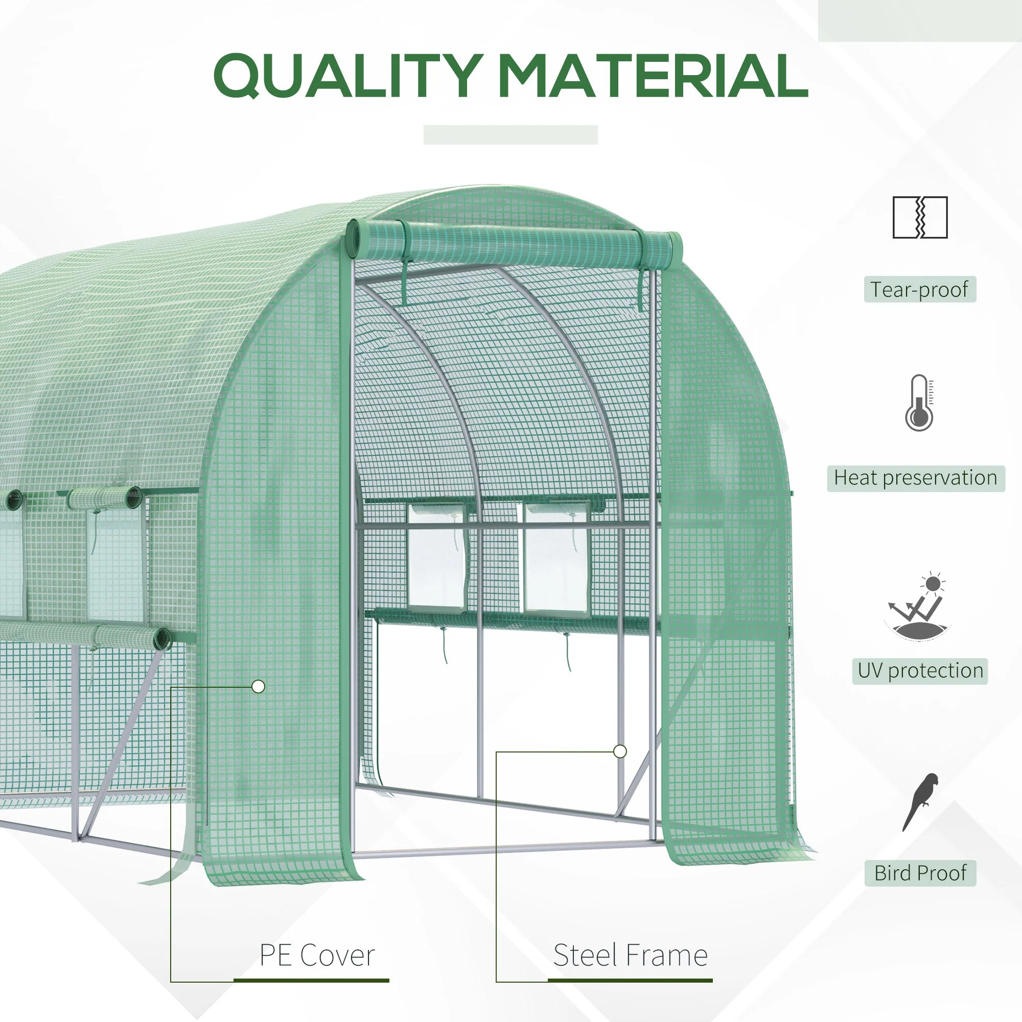 3 x 2 x 2m Polytunnel Greenhouse with Roll-up Sidewalls, Door and 6 Mesh Windows, Green - Image 7