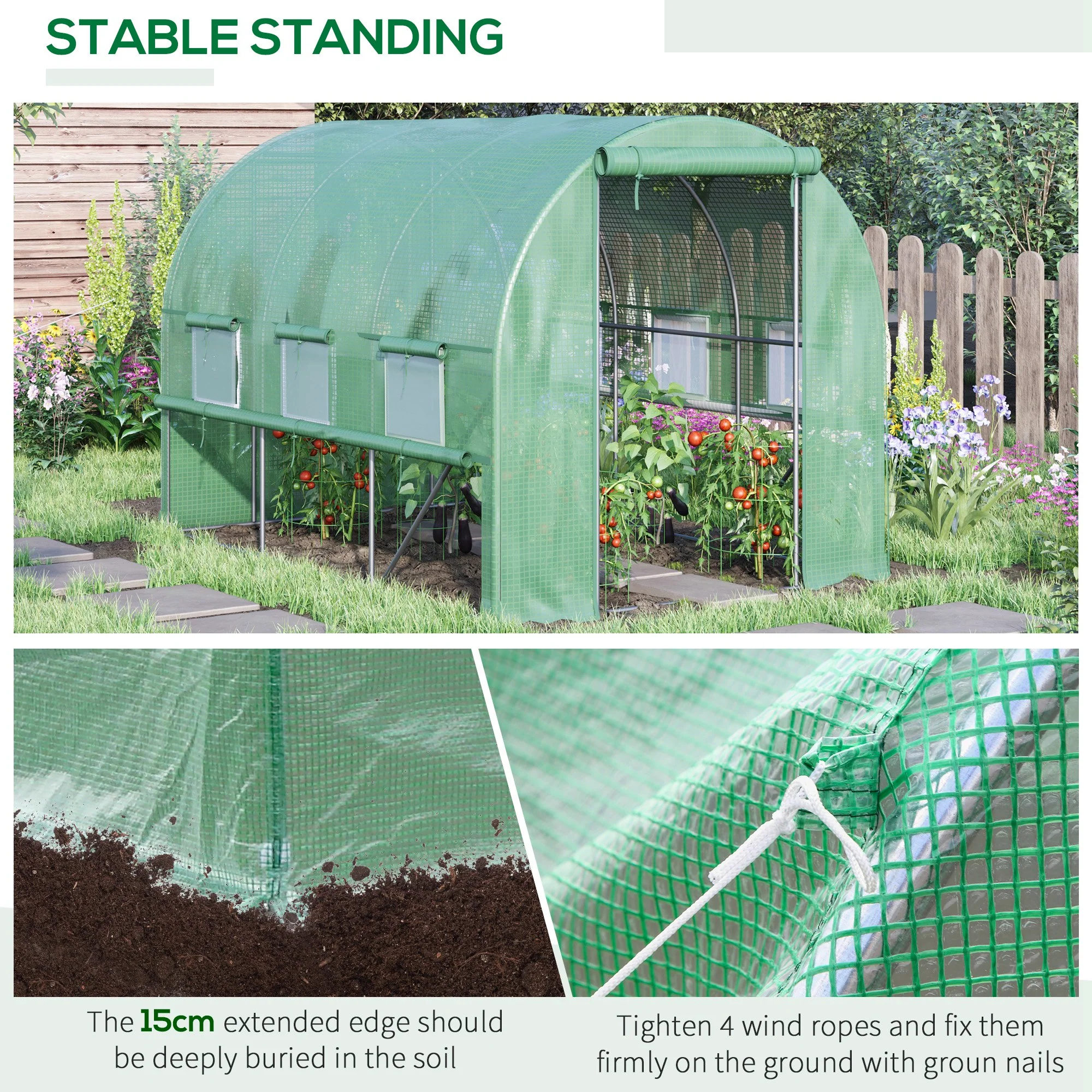 3 x 2 x 2m Polytunnel Greenhouse with Roll-up Sidewalls, Door and 6 Mesh Windows, Green - Image 8