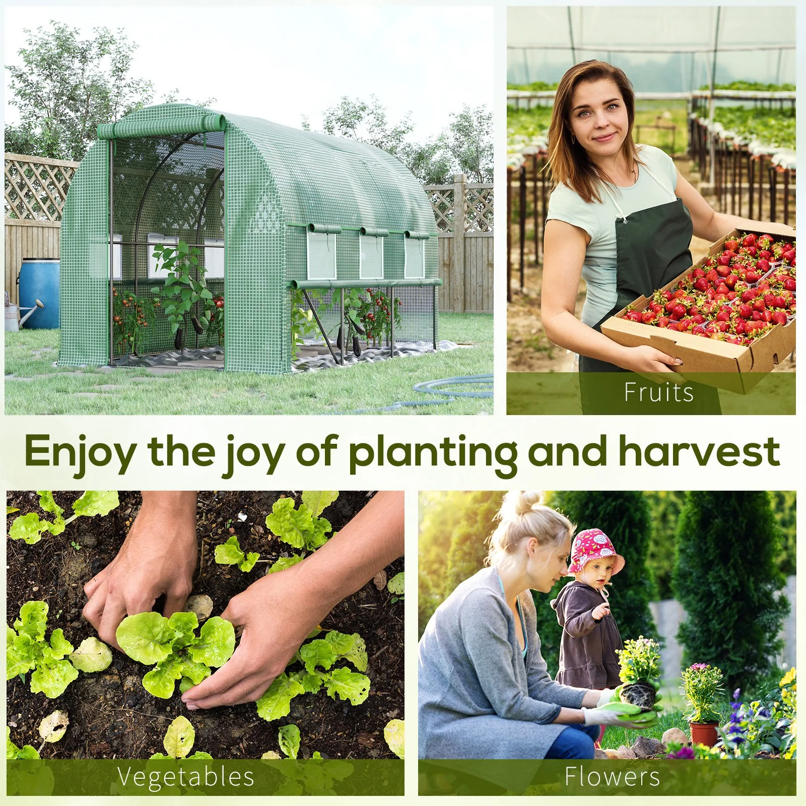 3 x 2 x 2m Polytunnel Greenhouse with Roll-up Sidewalls, Door and 6 Mesh Windows, Green - Image 9
