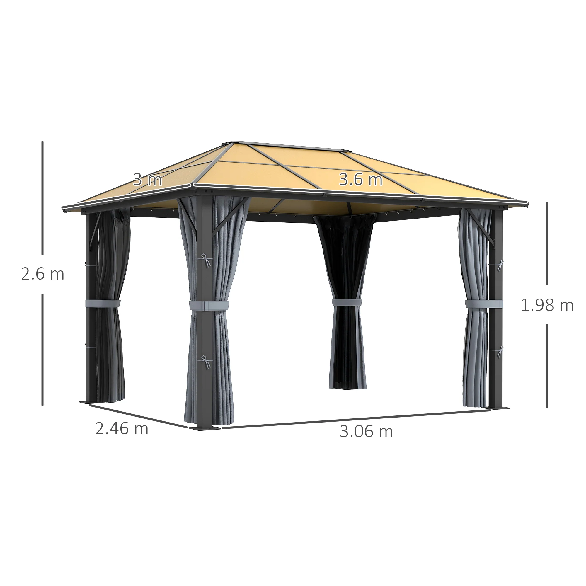 3 x 3.6m Aluminium Frame Hardtop Gazebo Canopy with Polycarbonate Roof, Grey - Image 5
